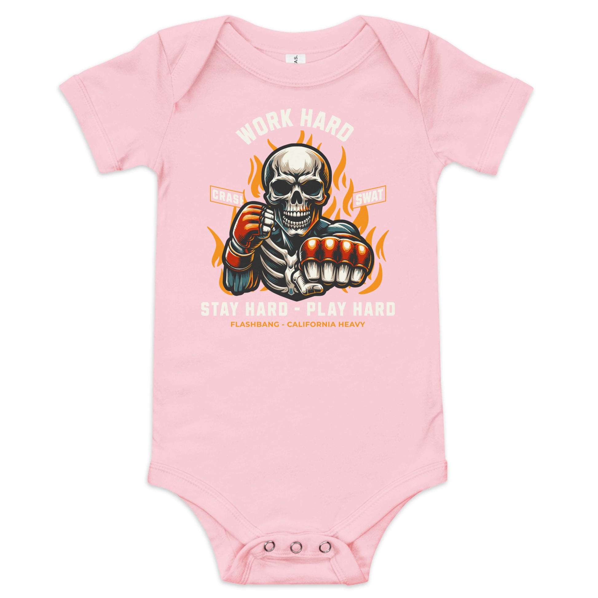 Pink baby onesie with a skeleton design and text on a white background