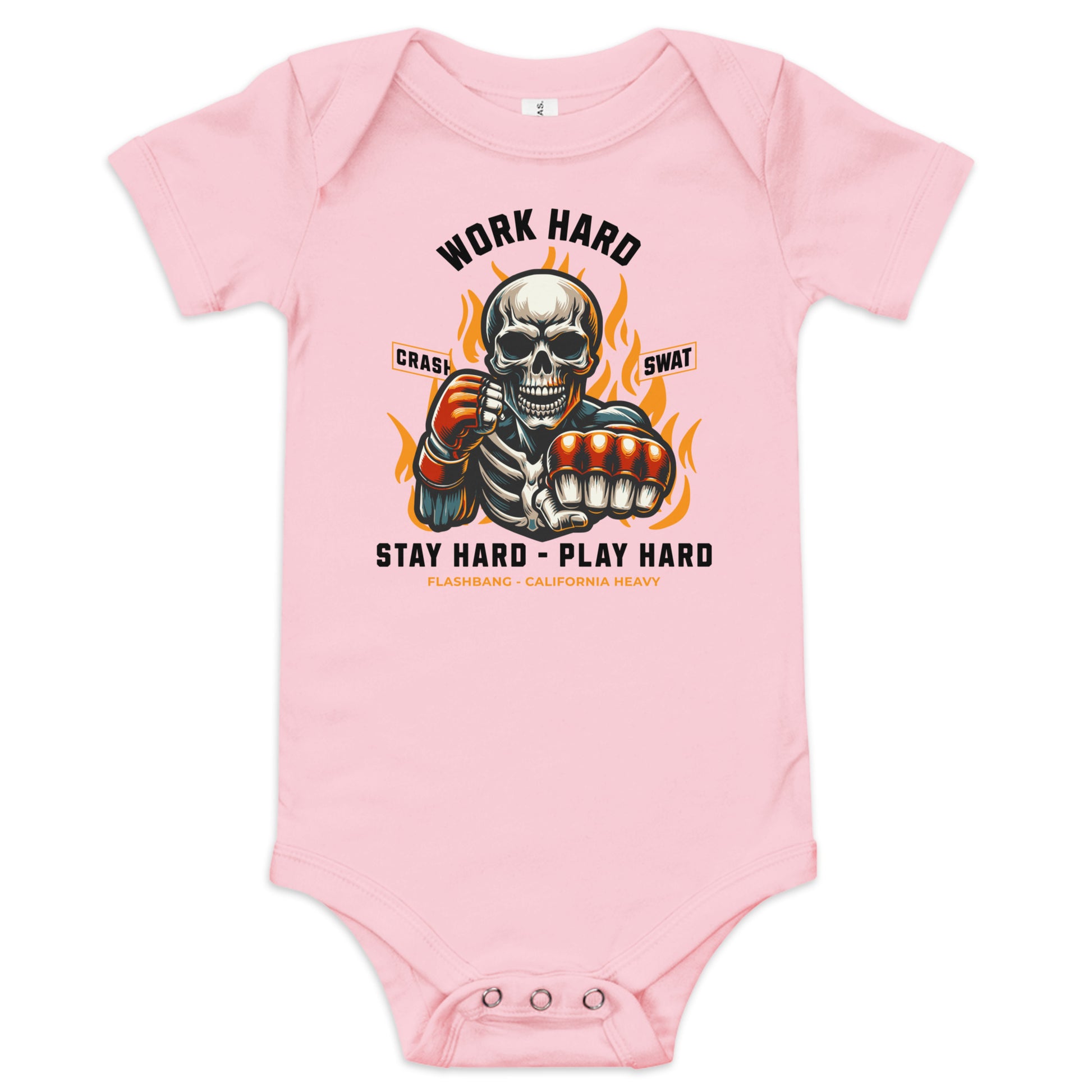Pink baby onesie with a graphic design featuring a skeleton and text on a white background