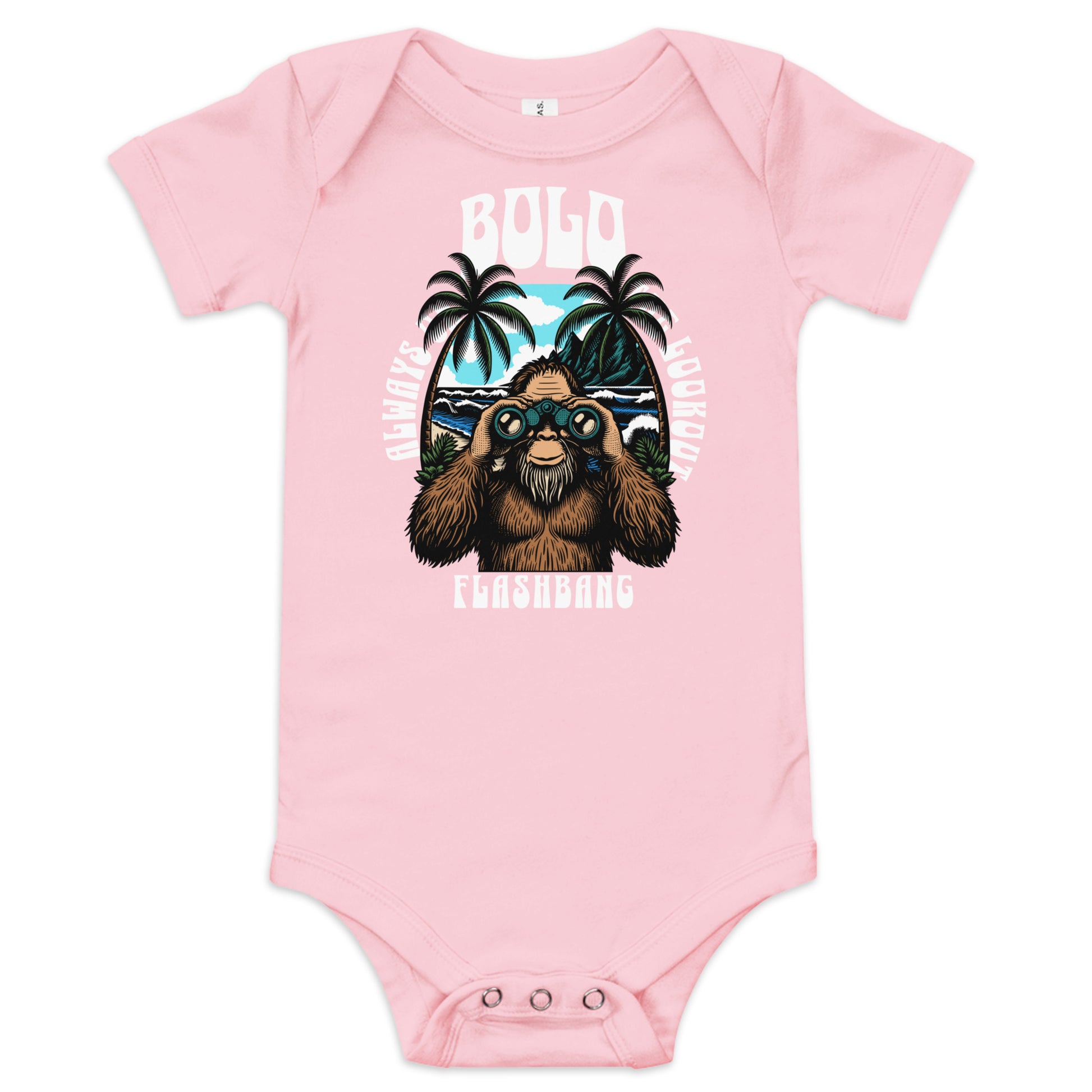 Pink baby onesie with a bear graphic and text on a white background