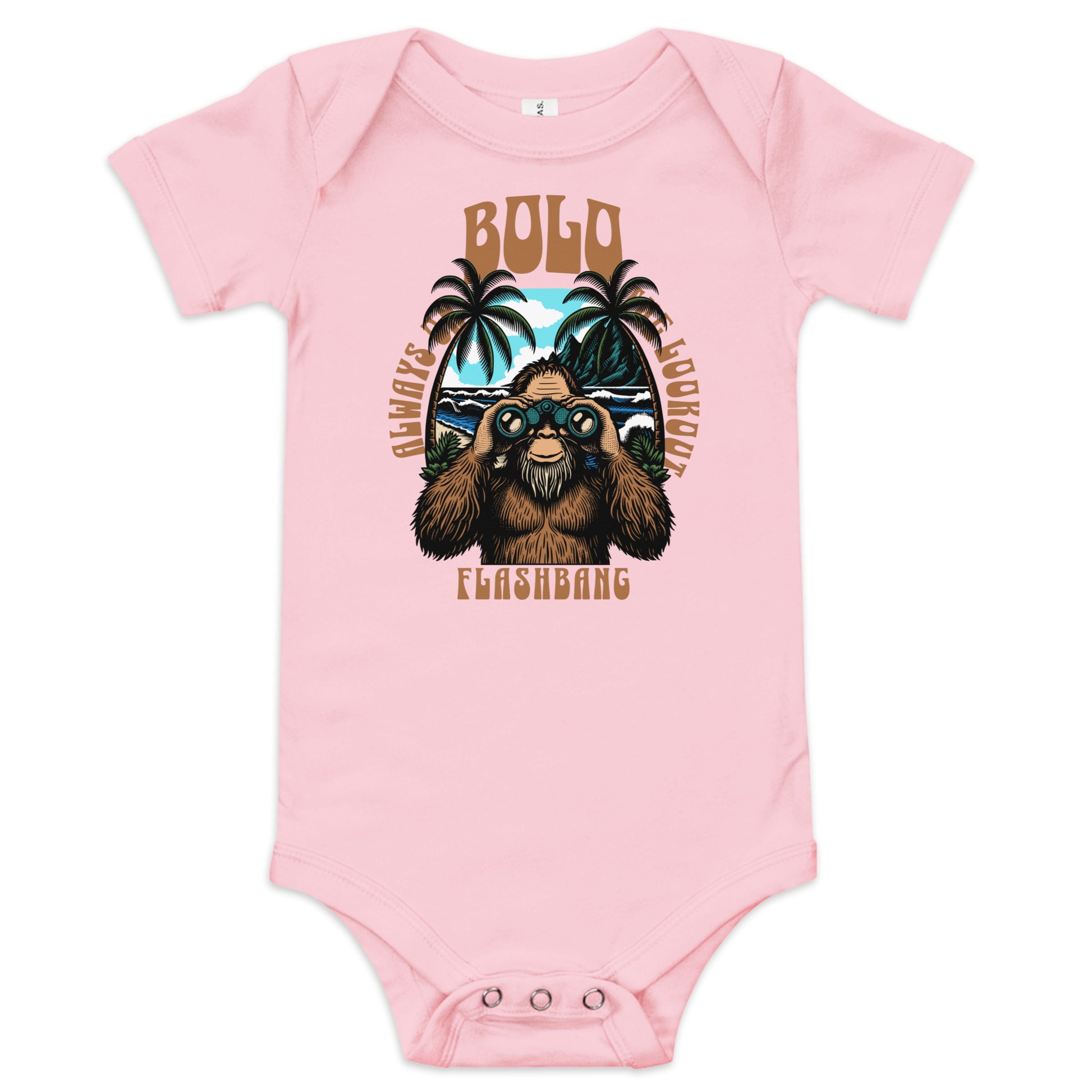 Pink baby onesie with a bear graphic and text on a white background