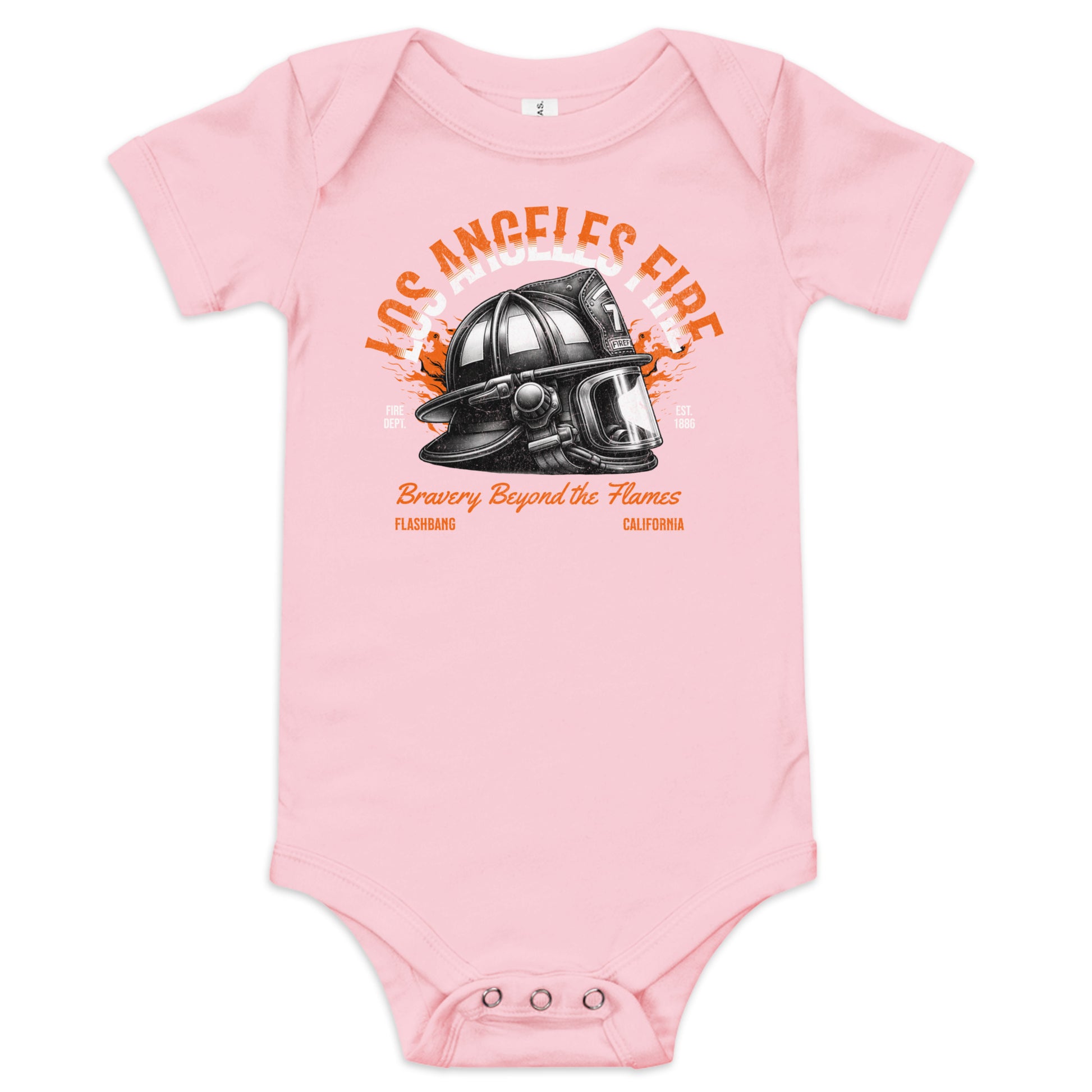 Pink baby onesie with a fire helmet graphic and text on a white background