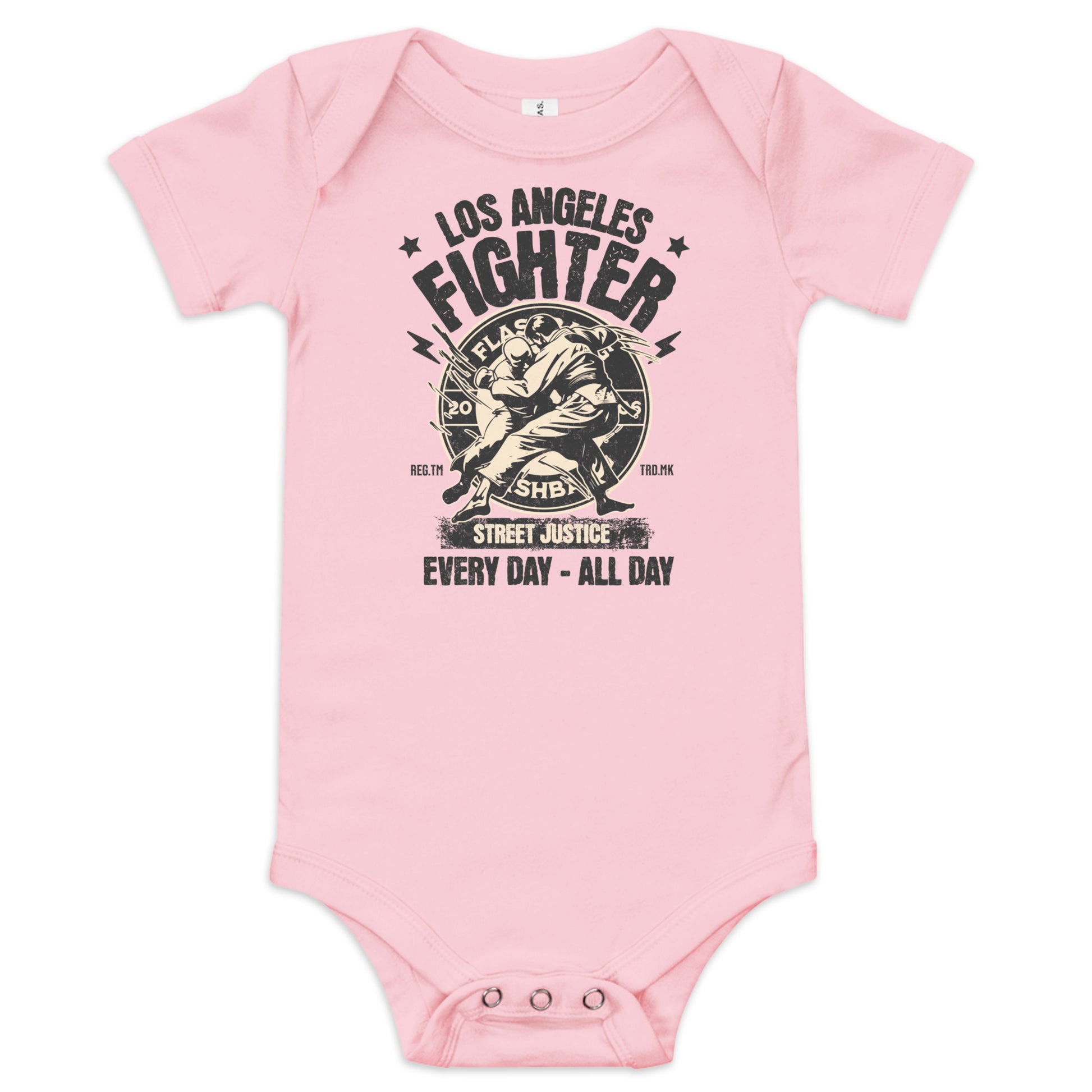 Pink baby onesie with 'Los Angeles Fighter' graphic design on a white background