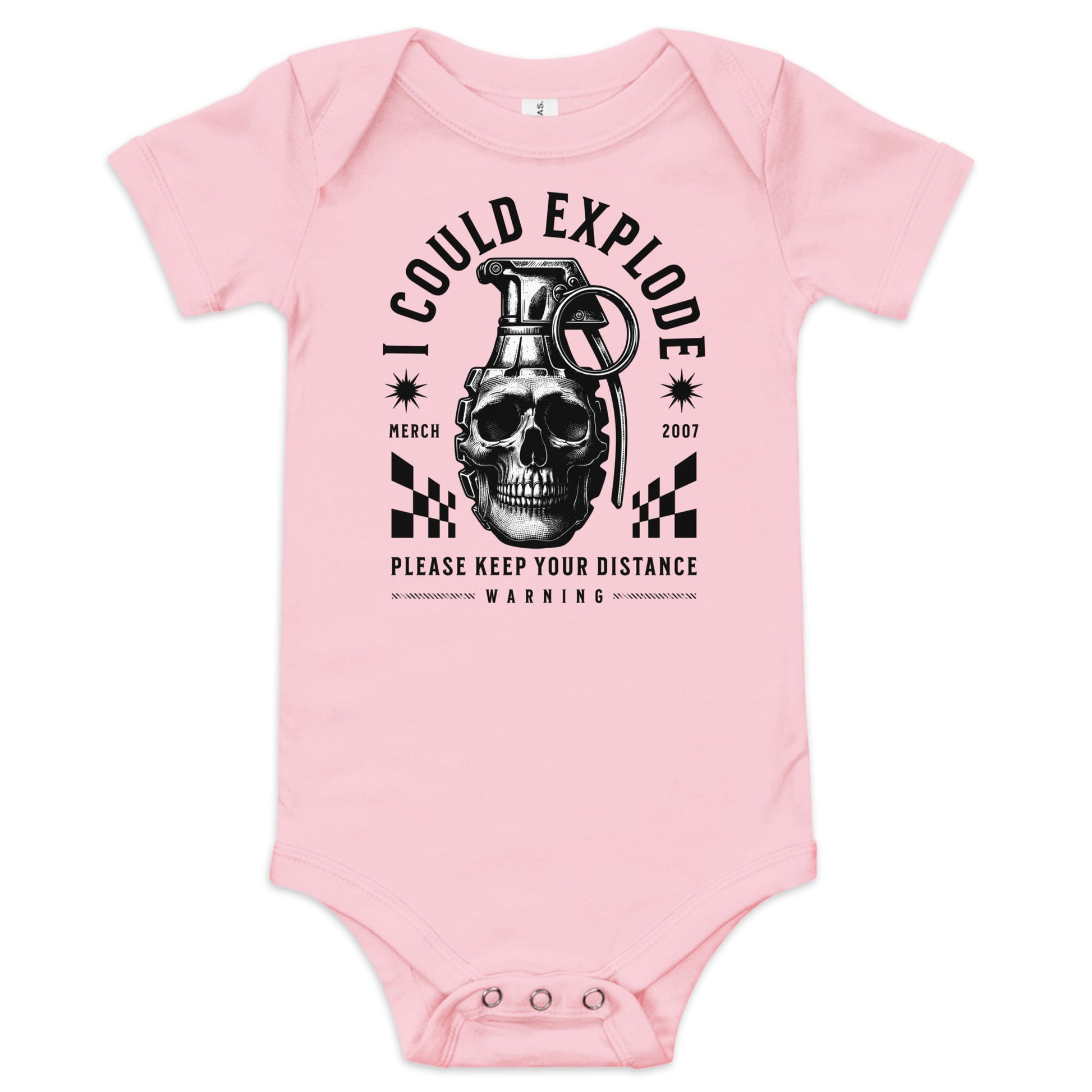 Pink baby onesie with a graphic design featuring a skull and grenade on a white background