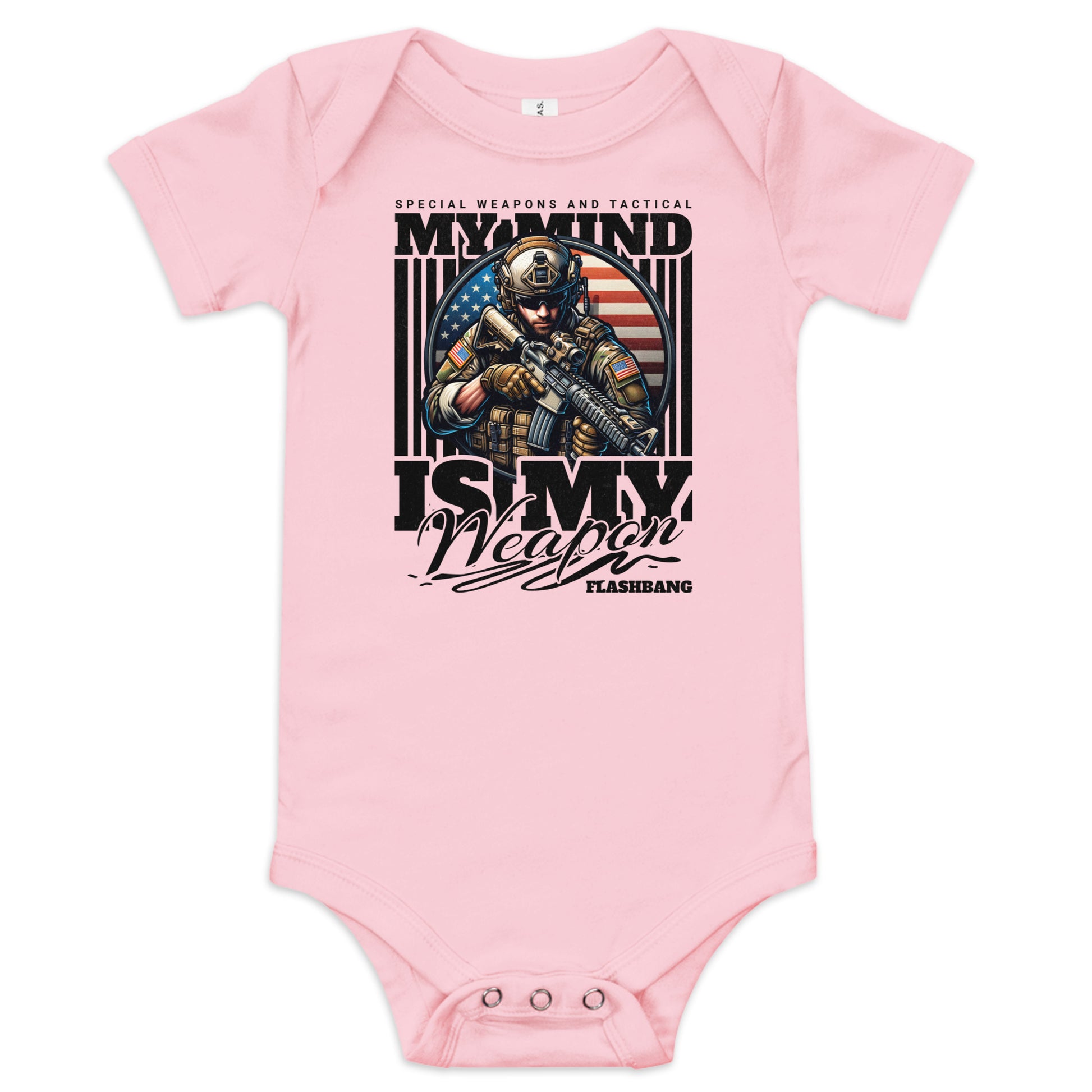 Pink baby onesie with military-themed design and text on a white background