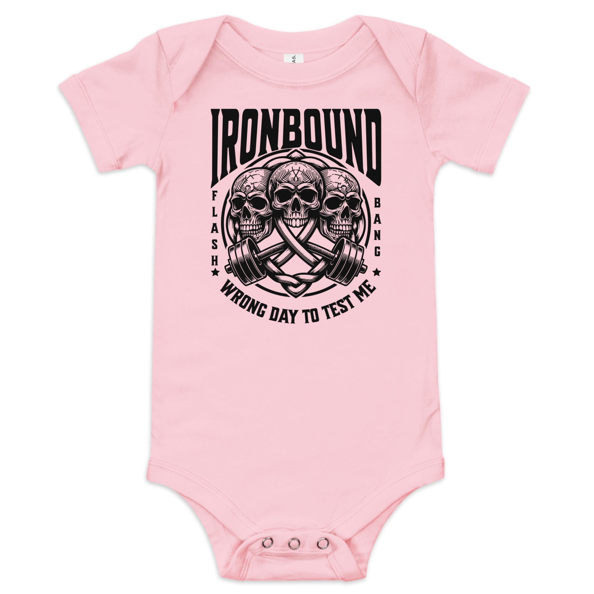 Pink baby onesie with black graphic design and text on a white background