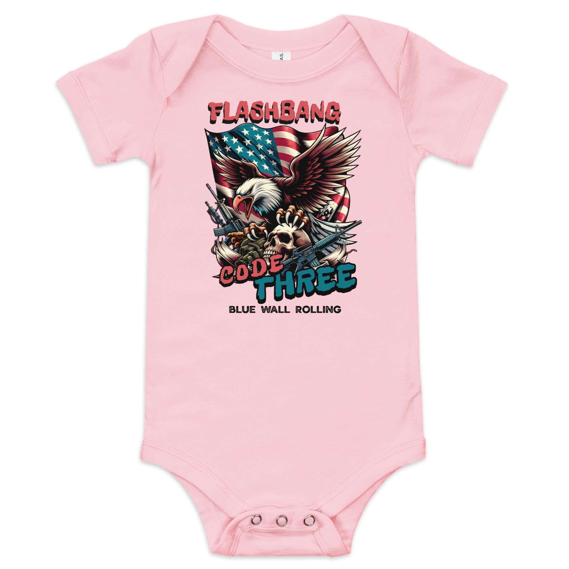 Pink baby onesie with graphic design and text on a white background