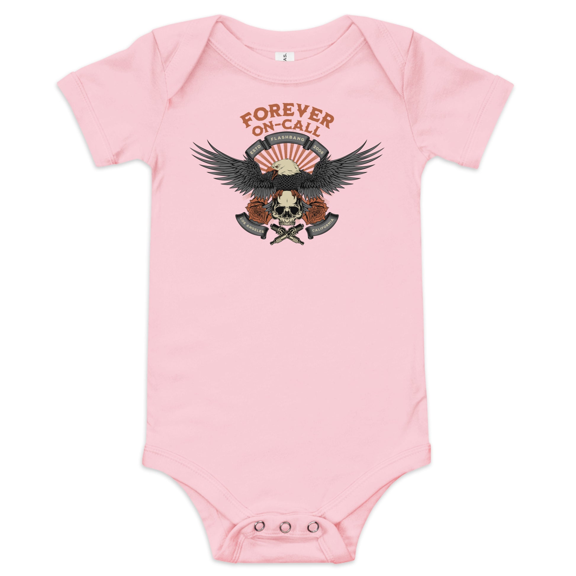 Pink baby onesie with graphic design and text on a white background