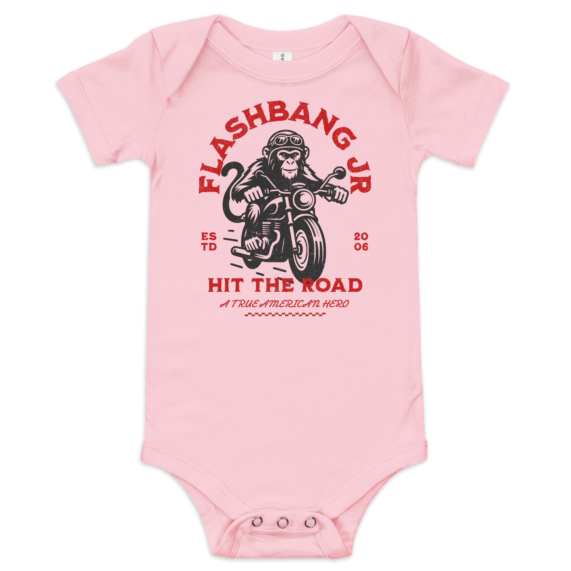 Pink baby onesie with red and black graphic design on a white background