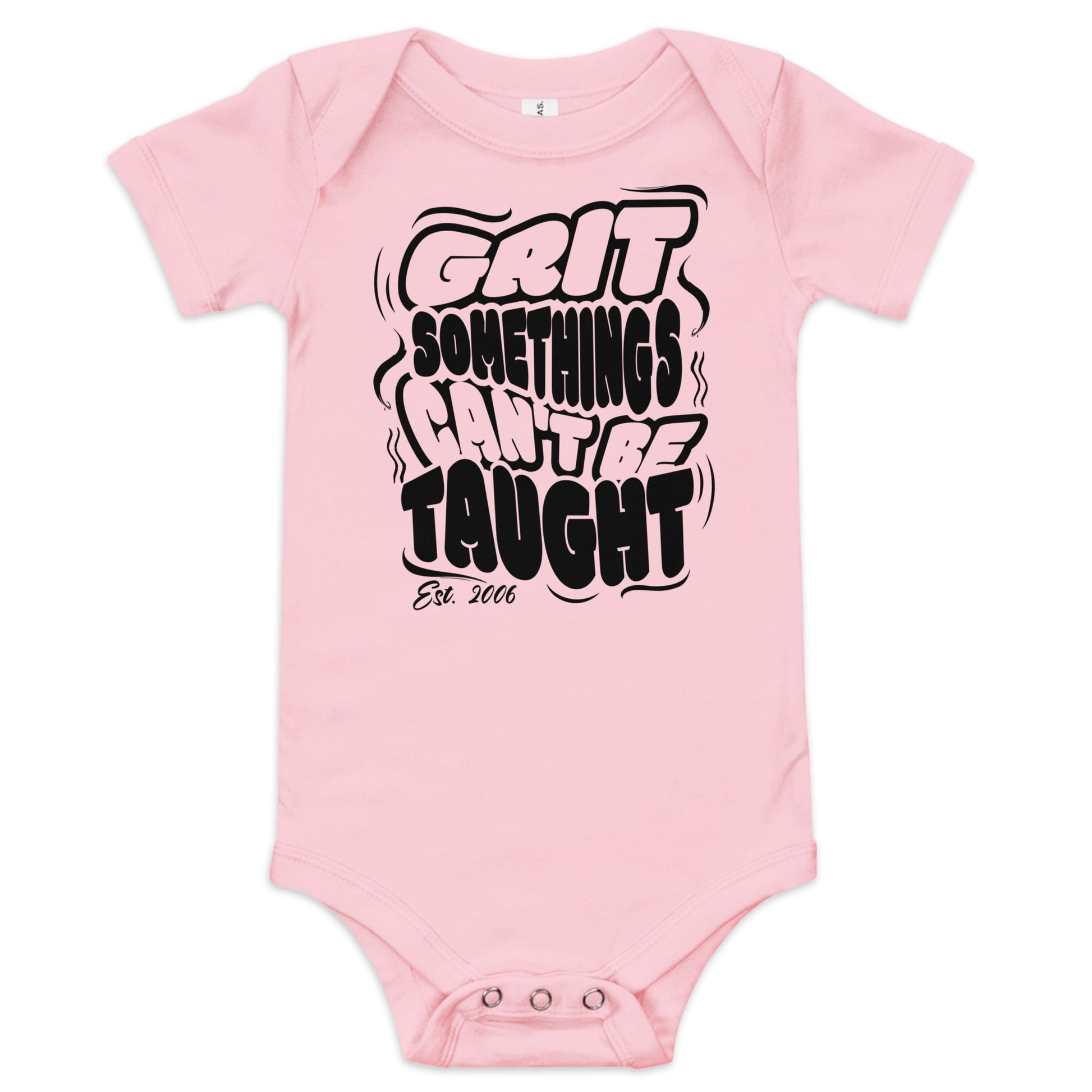 Pink baby onesie with black text on a white background