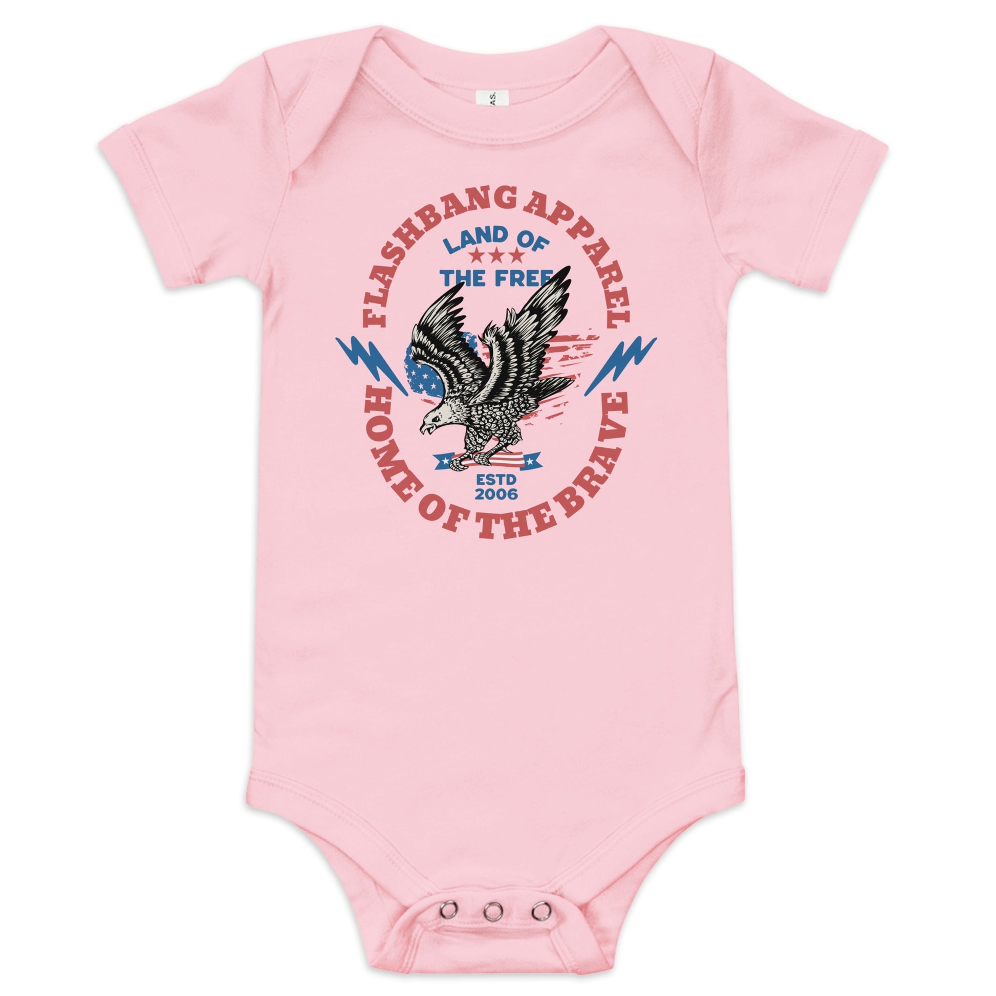 Pink baby onesie with an eagle design and text on a white background
