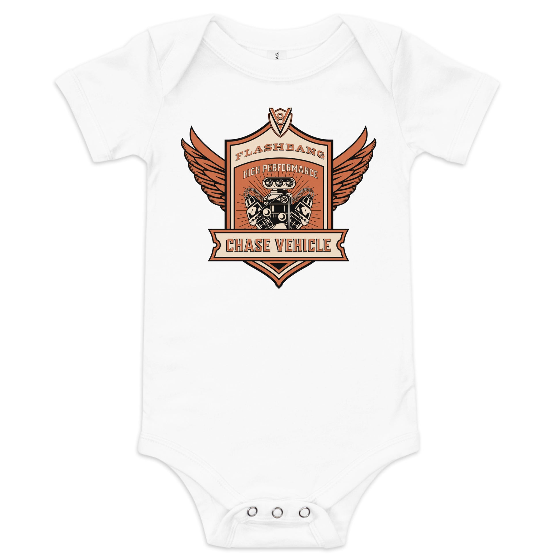 White baby onesie with a graphic design on a white background