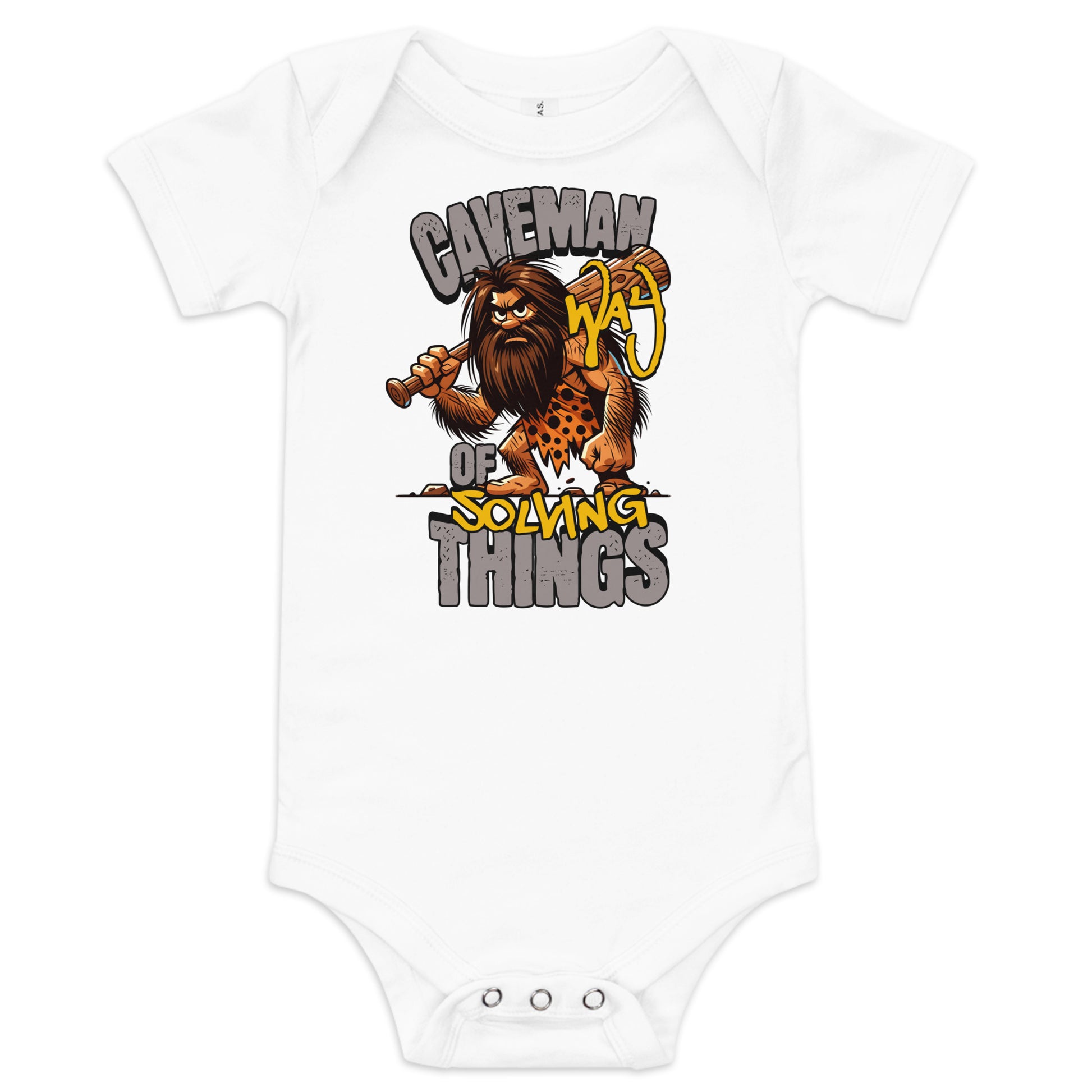 White baby onesie with a cartoon caveman design and text on a white background