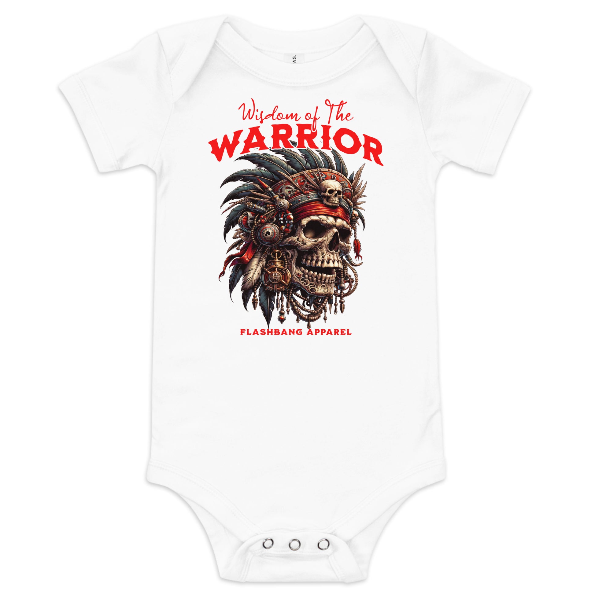 White baby onesie with warrior-themed design and 'Flashbang Apparel' branding on a white background.