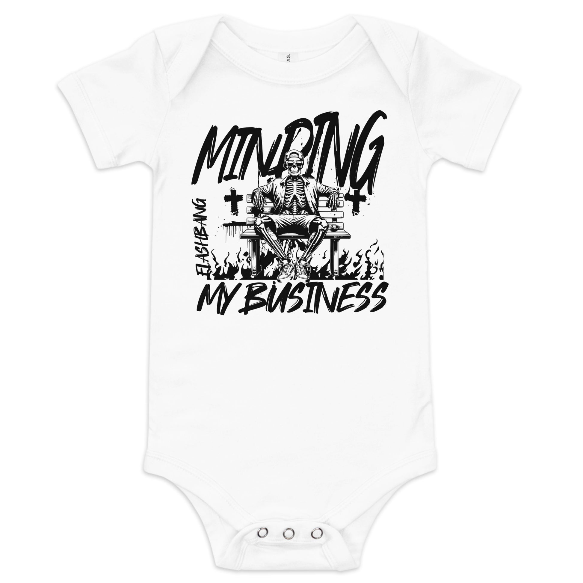 White baby onesie with black graphic design and text on a white background