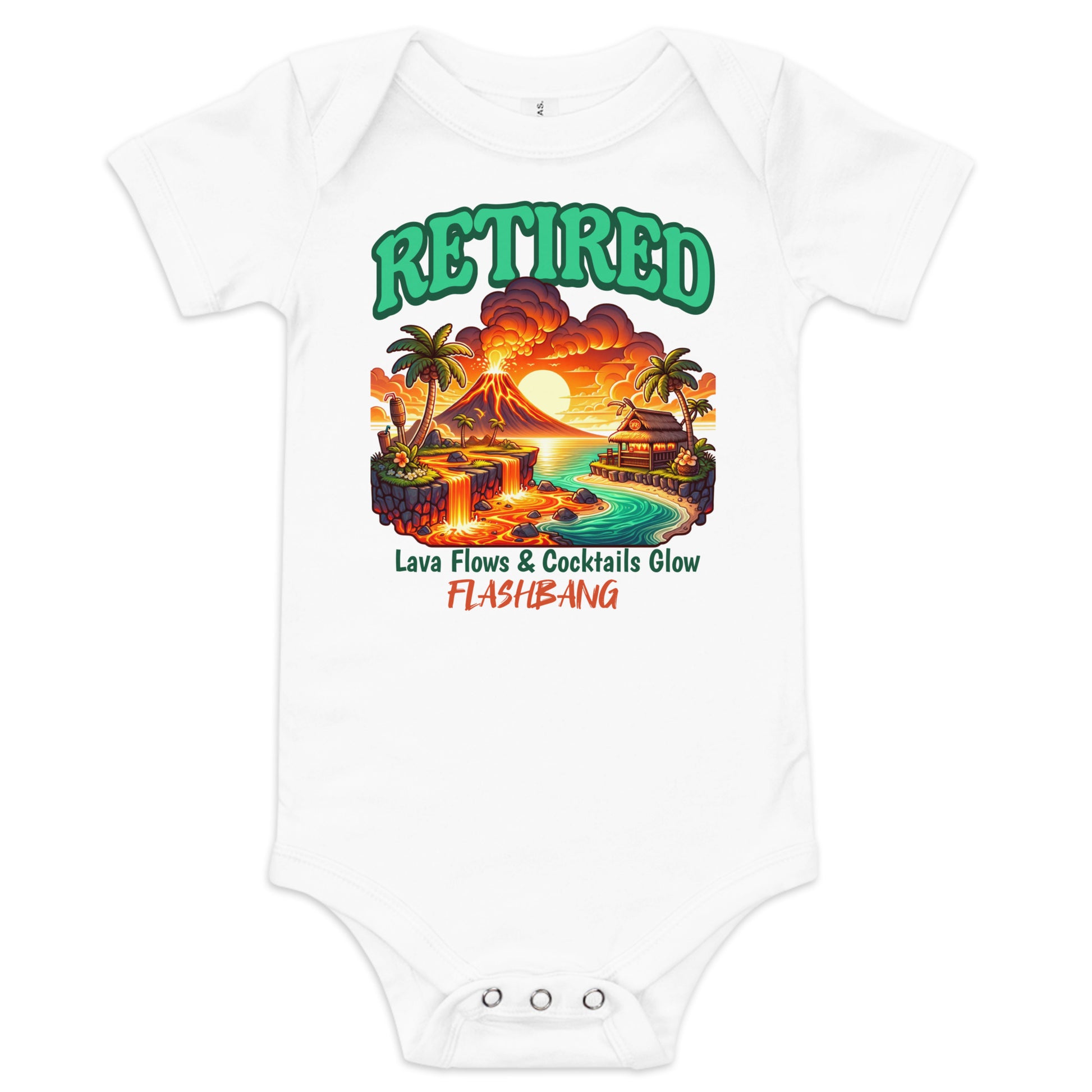 White baby onesie with a tropical design and text on a white background