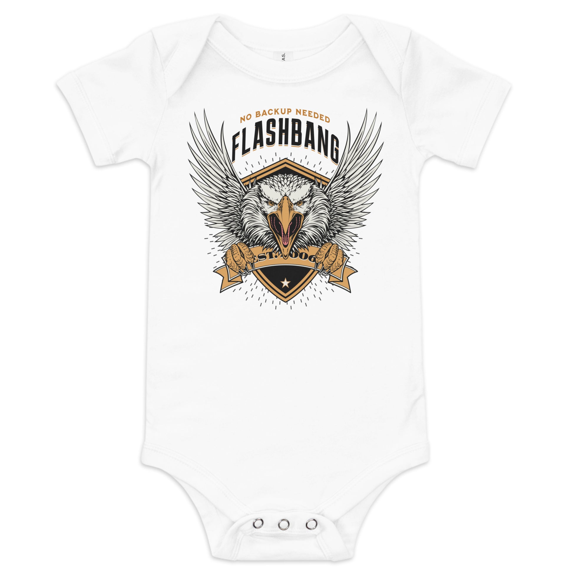 White baby onesie with an eagle design and text on a white background