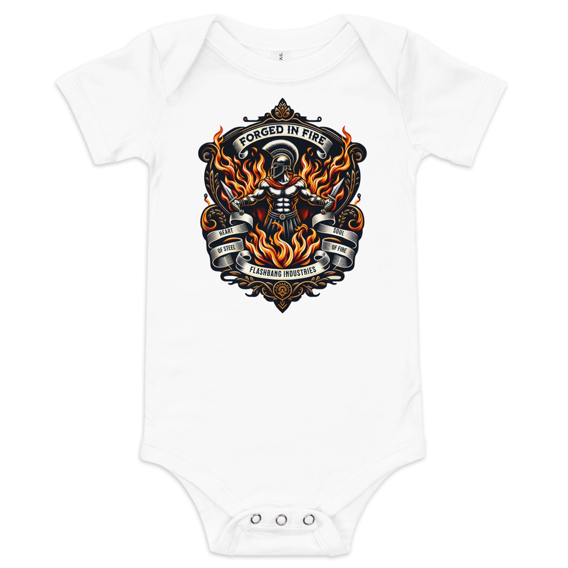 White baby onesie with a graphic design of a skeleton and flames on a white background