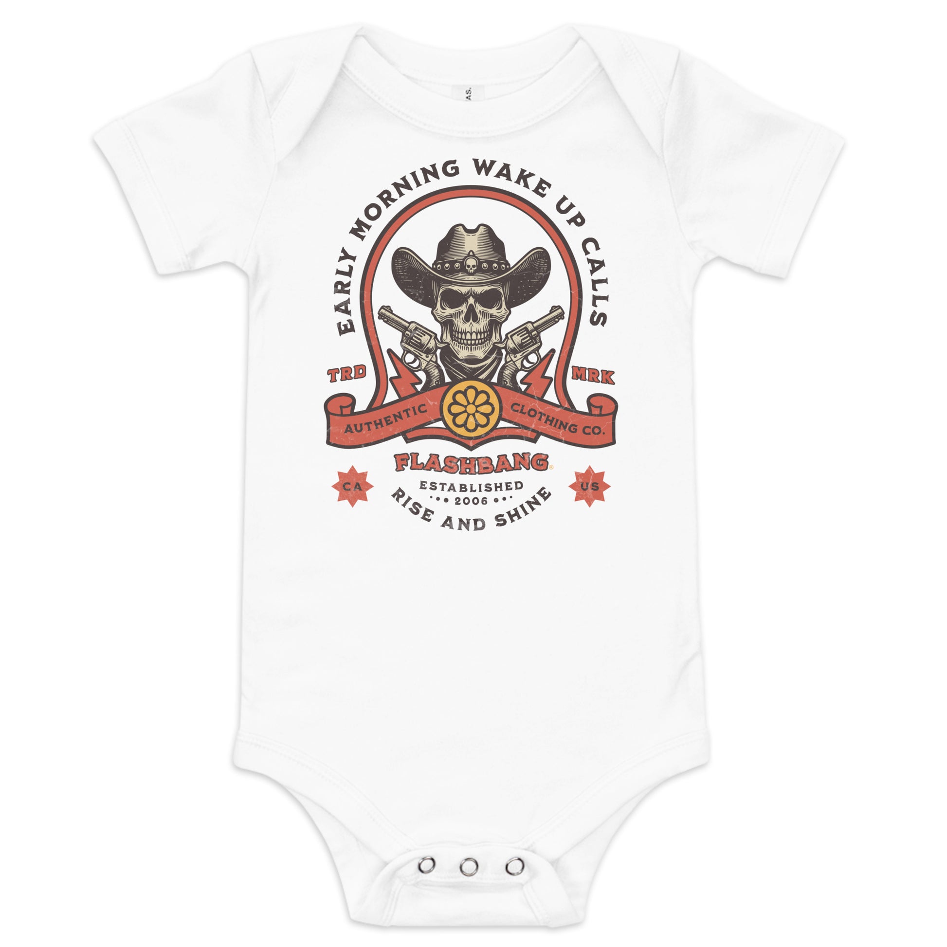 White baby onesie with a graphic design featuring a skull and text on a white background