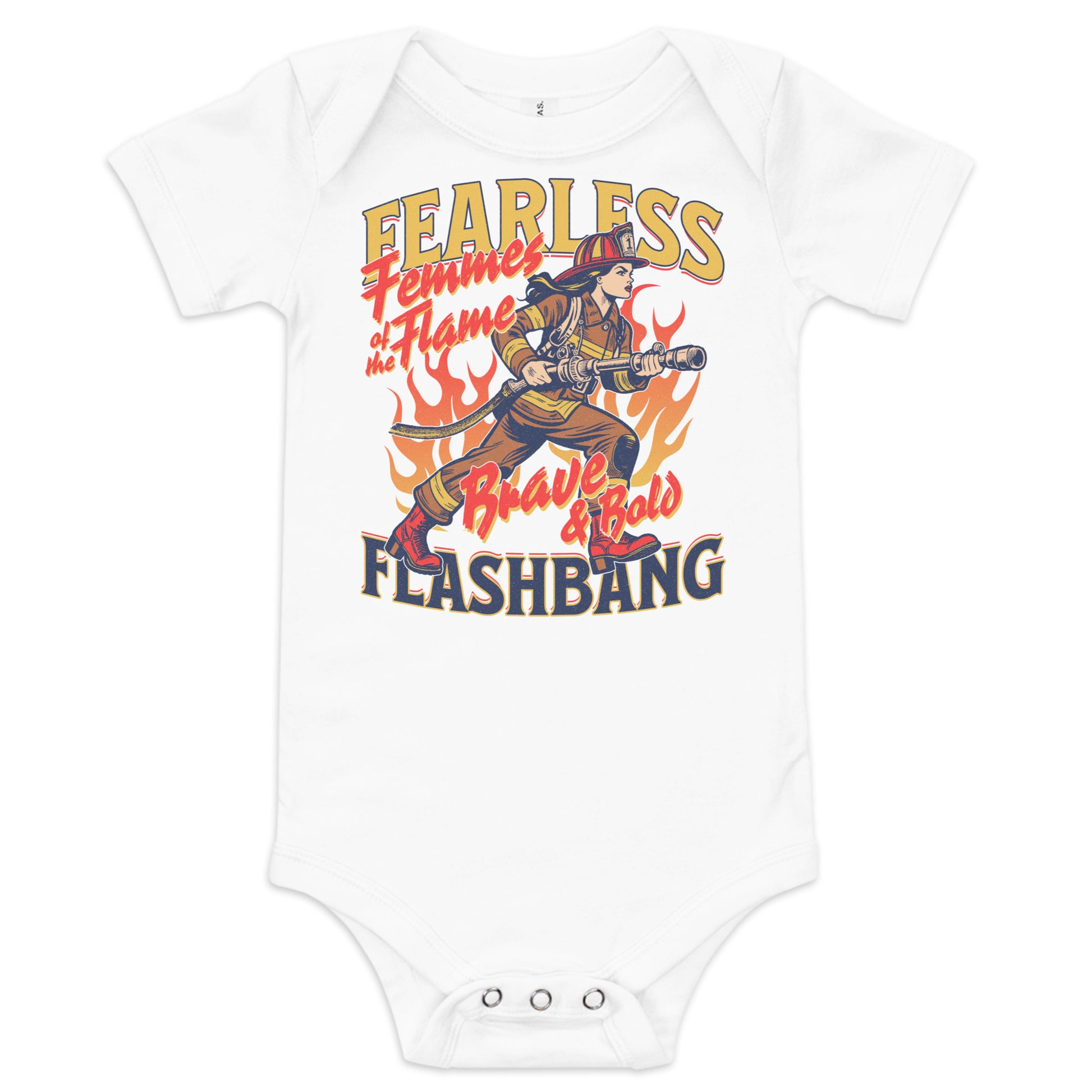 White baby onesie with a graphic design of a firefighter and text on a white background
