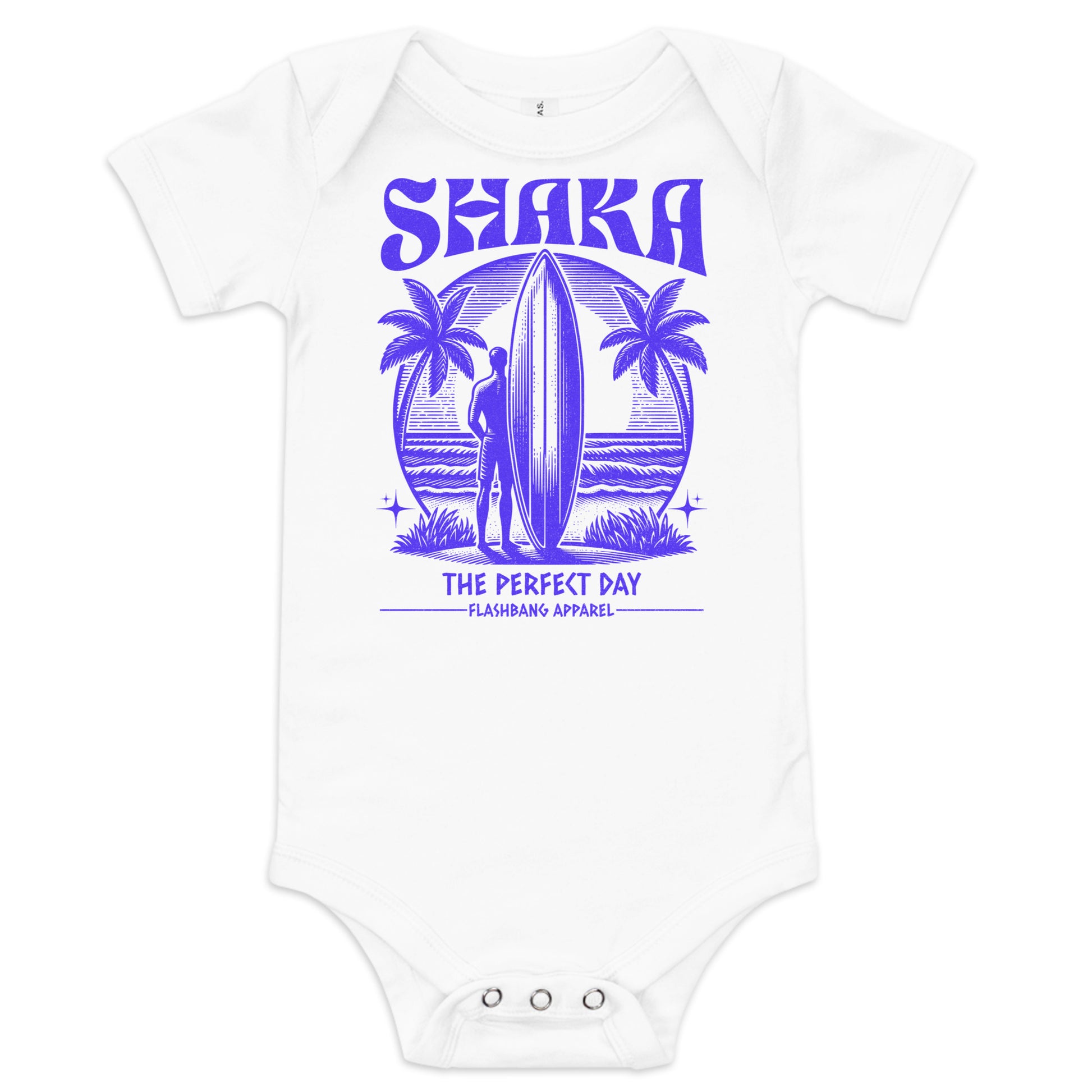 White baby onesie with purple 'Shaka The Perfect Day' design on a white background