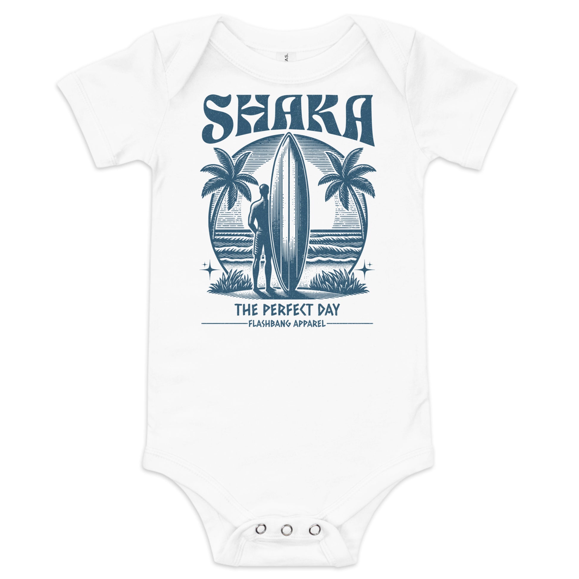 White baby onesie with blue graphic design featuring a surfer and palm trees, labeled 'Seaka'.