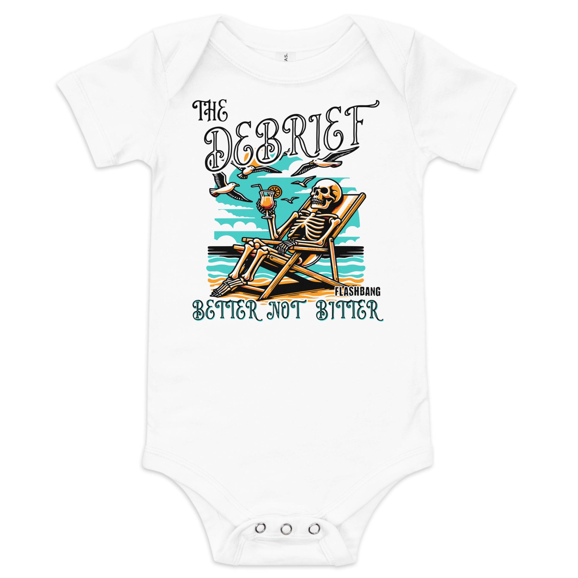 White baby onesie with skeleton design and text on a white background