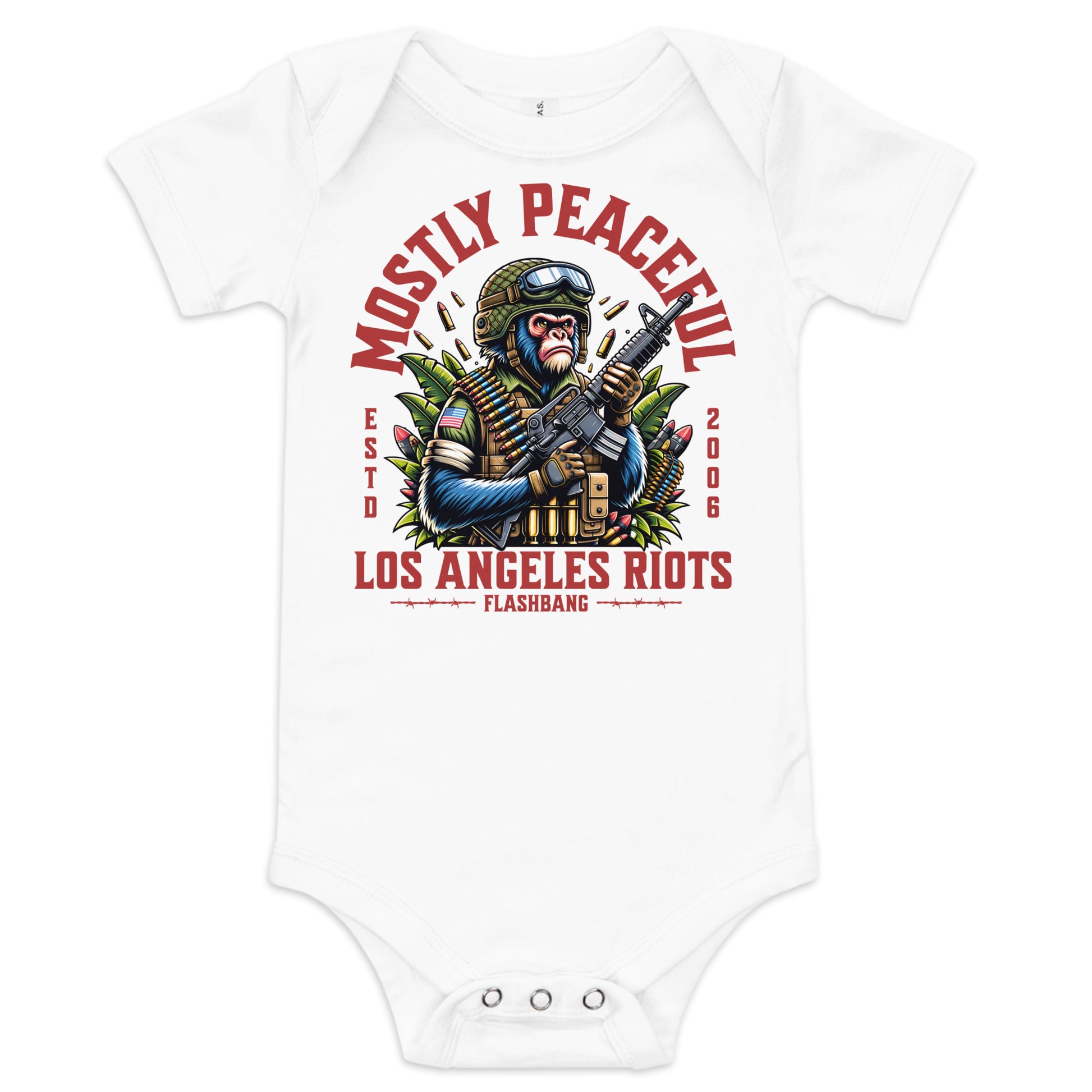 White baby onesie with a graphic design featuring a monkey holding a gun and text on a white background.