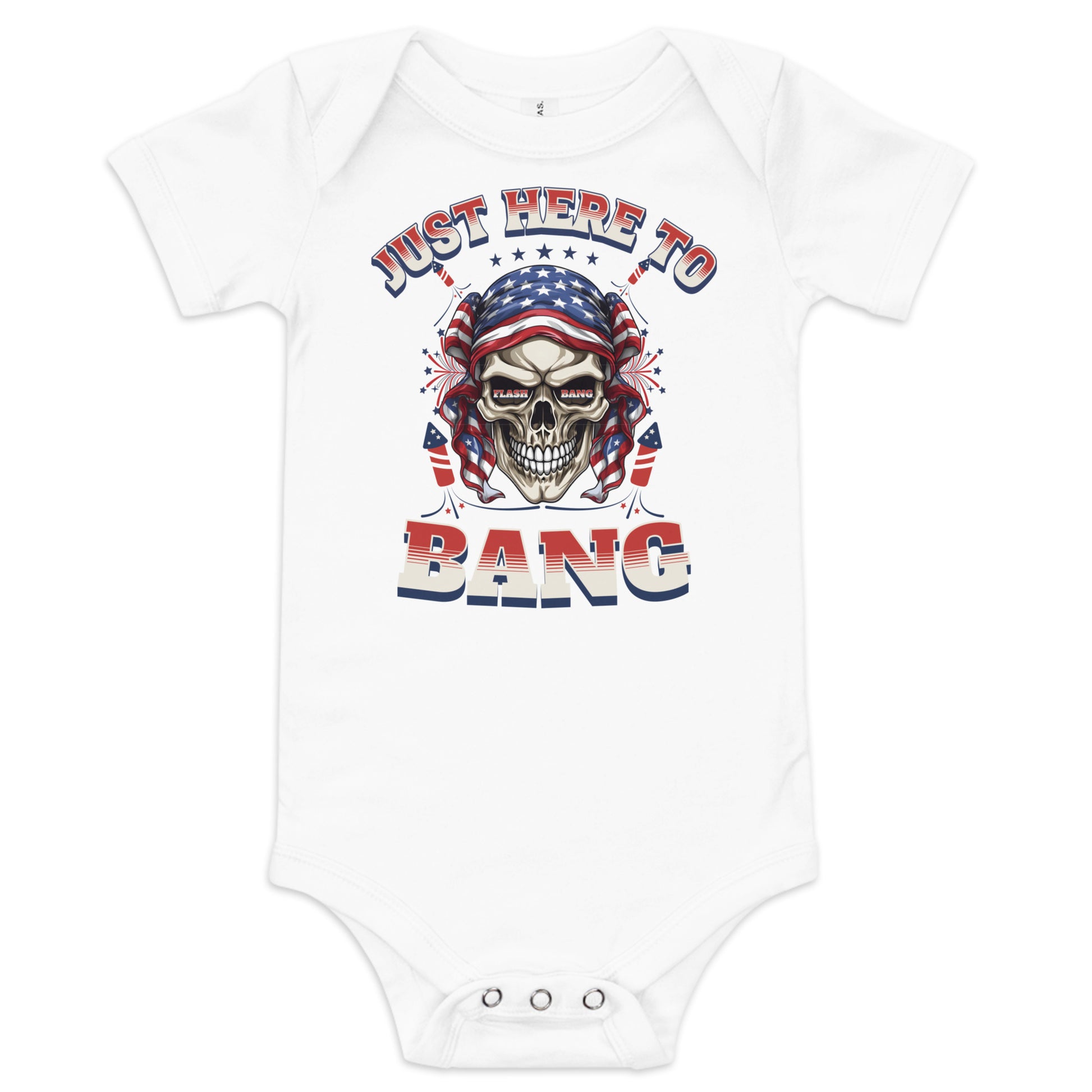 White baby onesie with a skull design and text 'Just Here to Bang' on a white background