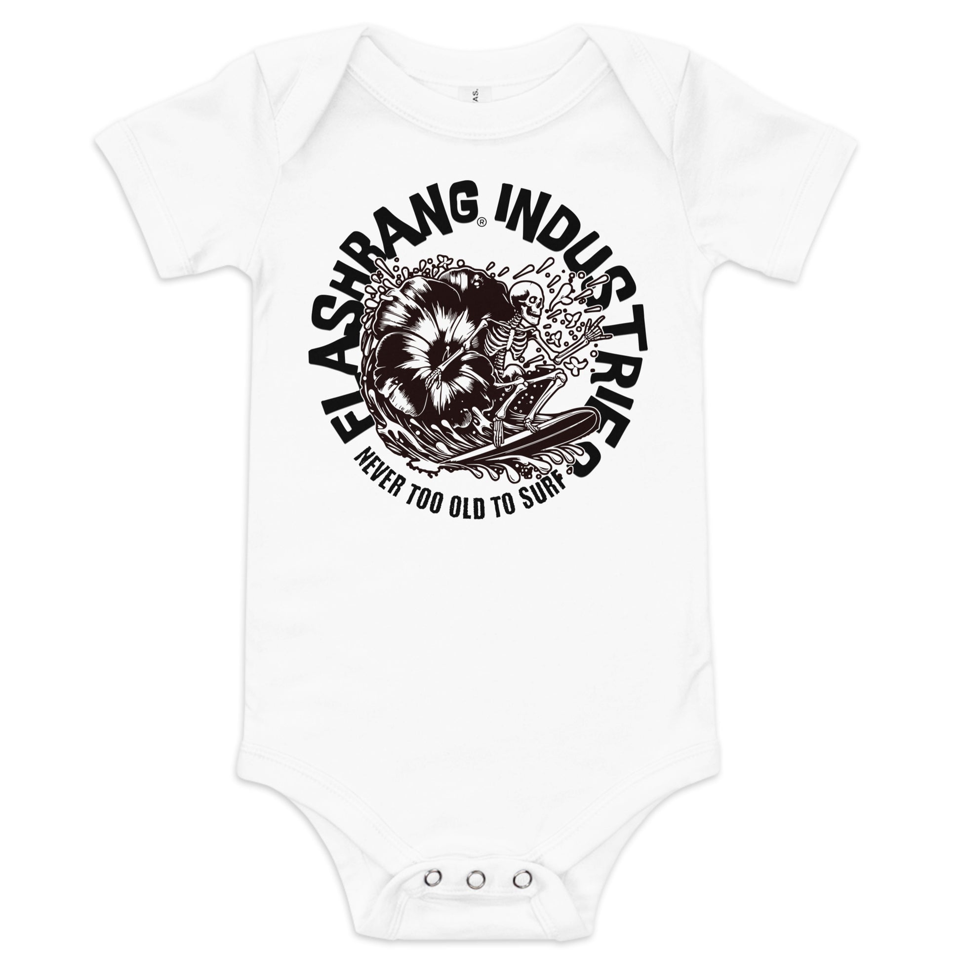 White baby onesie with black graphic design and text on a white background