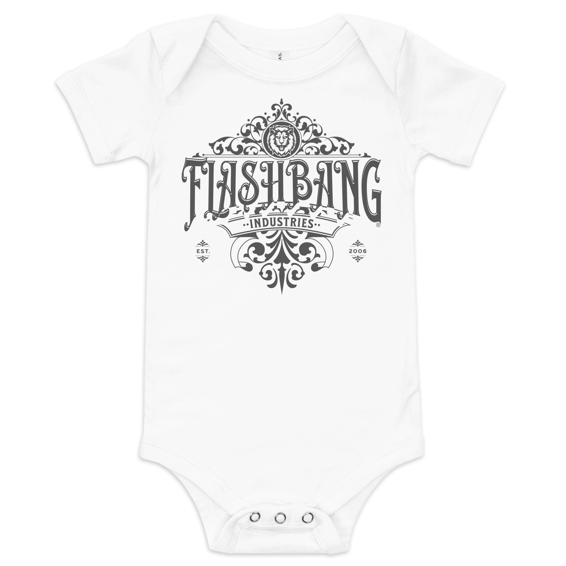 White baby onesie with black 'Flashbang Industries' print on a white background