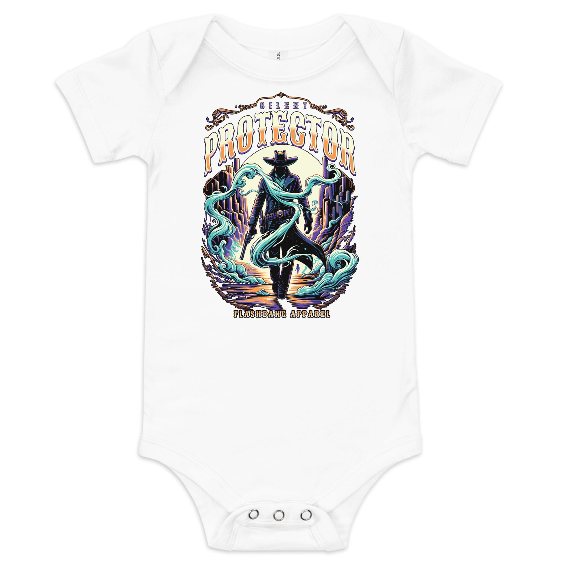 White baby onesie with a graphic design of a person in a cowboy hat and boots, surrounded by text and graphics on a white background.