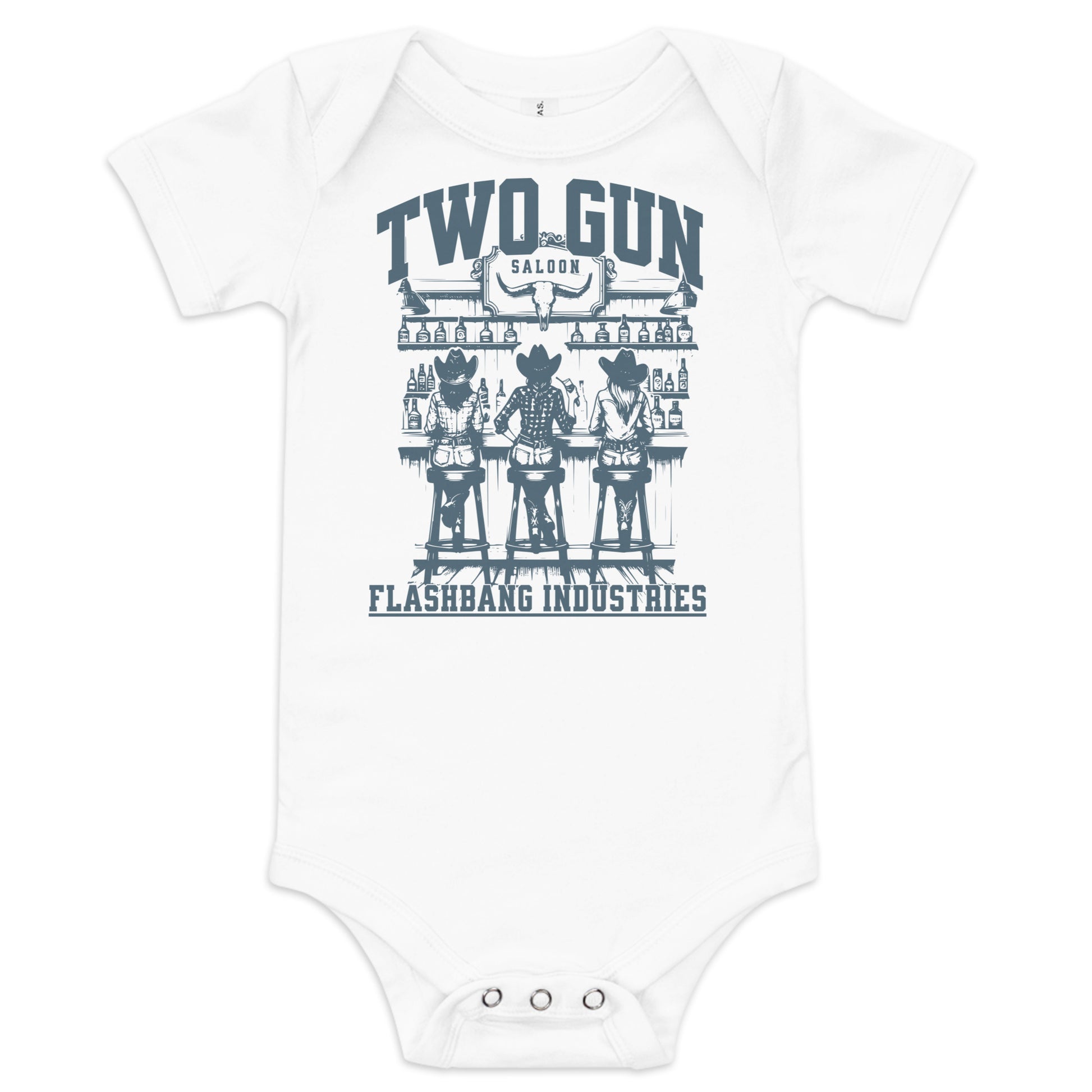 White baby onesie with blue graphic design featuring cowboys and text on a white background