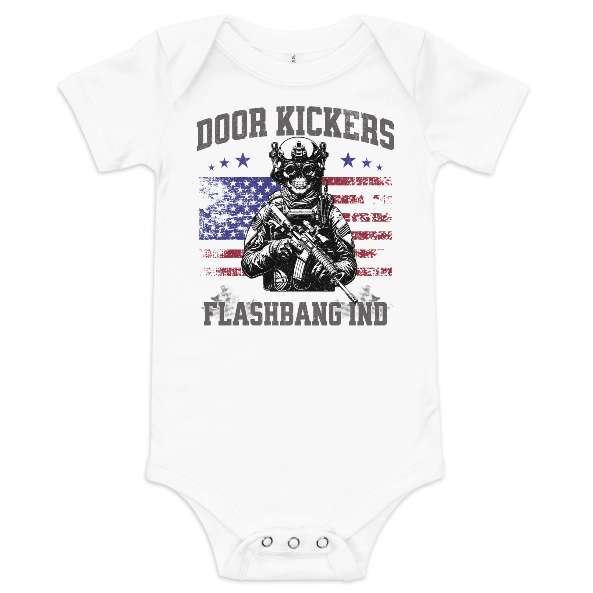 White baby onesie with graphic design and text on a white background