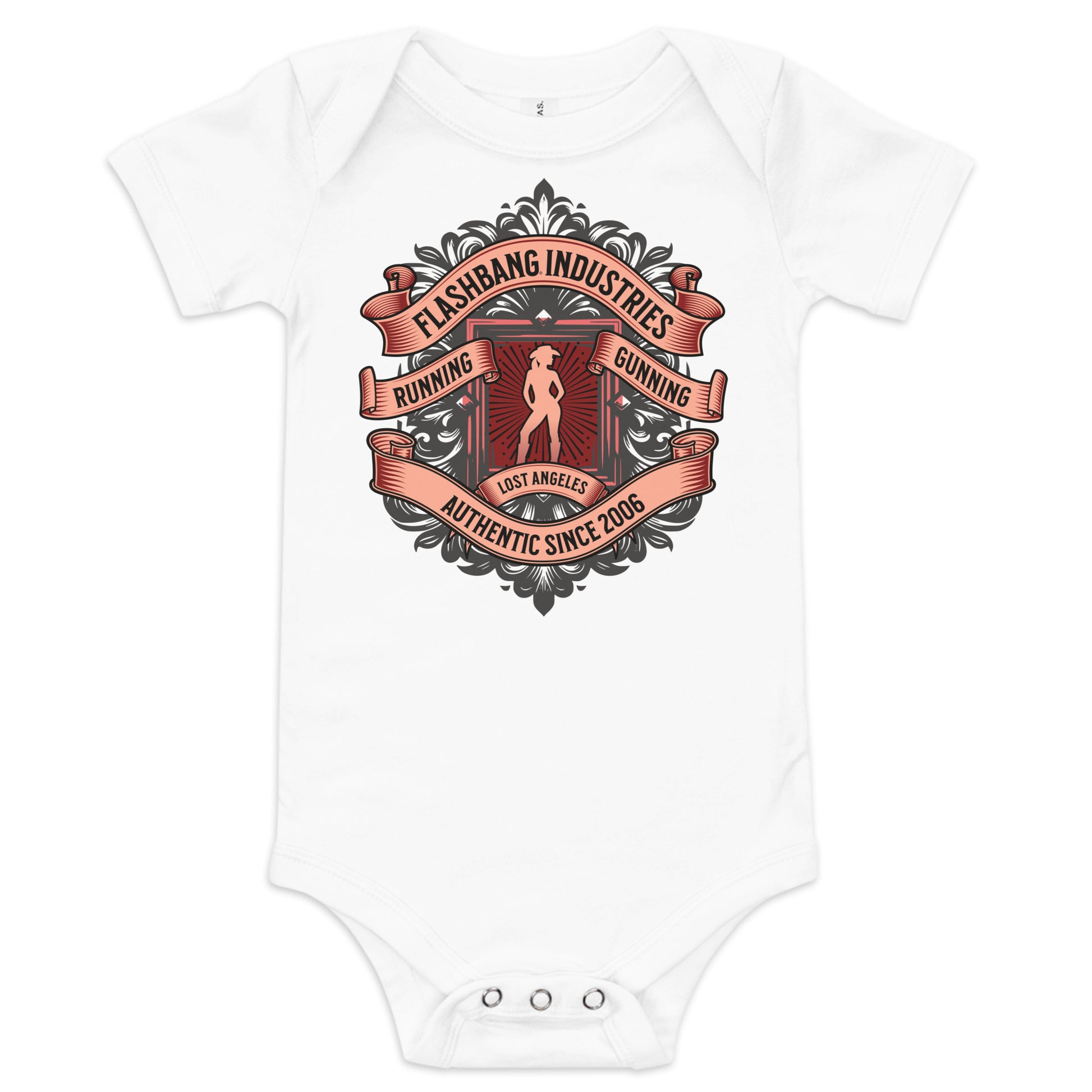 White baby onesie with a graphic design on a white background