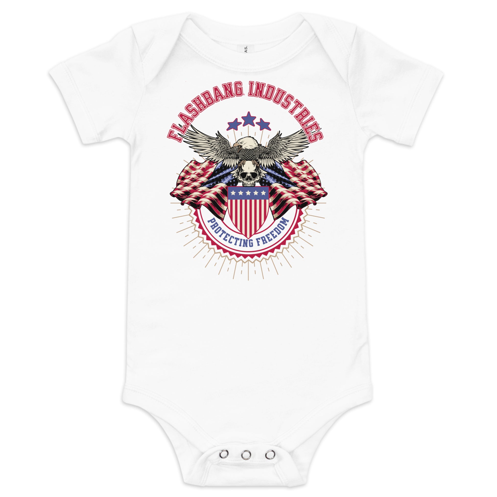 White baby onesie with patriotic design featuring an eagle and American flag on a white background