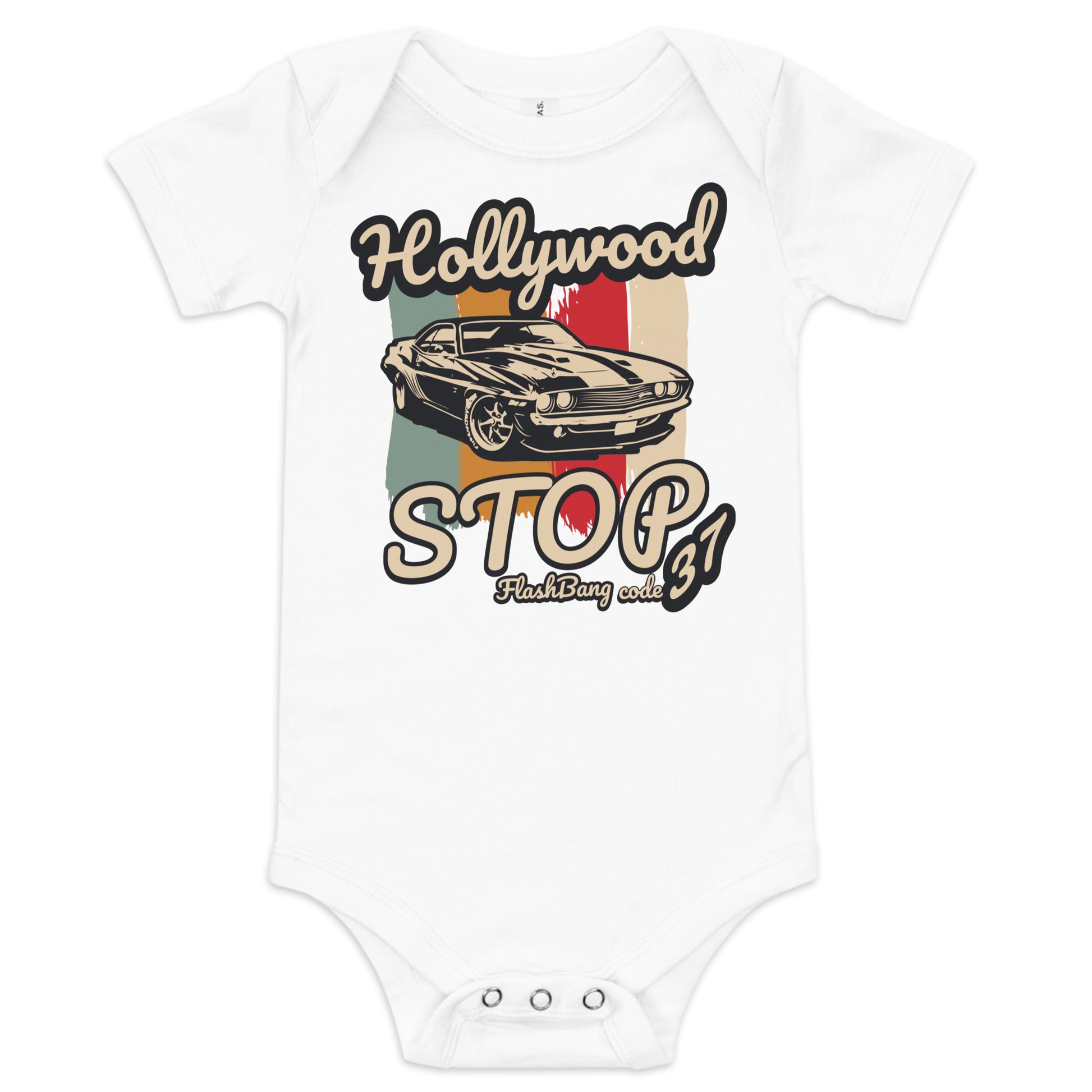 White baby onesie with a vintage car design and text on a white background