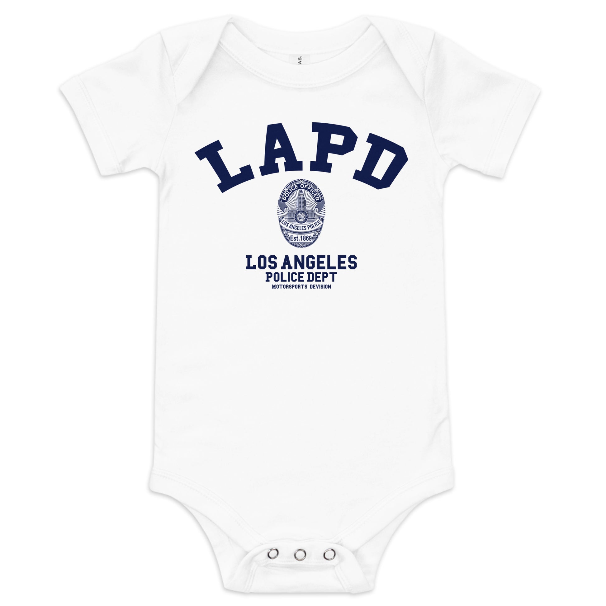 White baby onesie with LAPD Los Angeles Police Dept logo on a white background