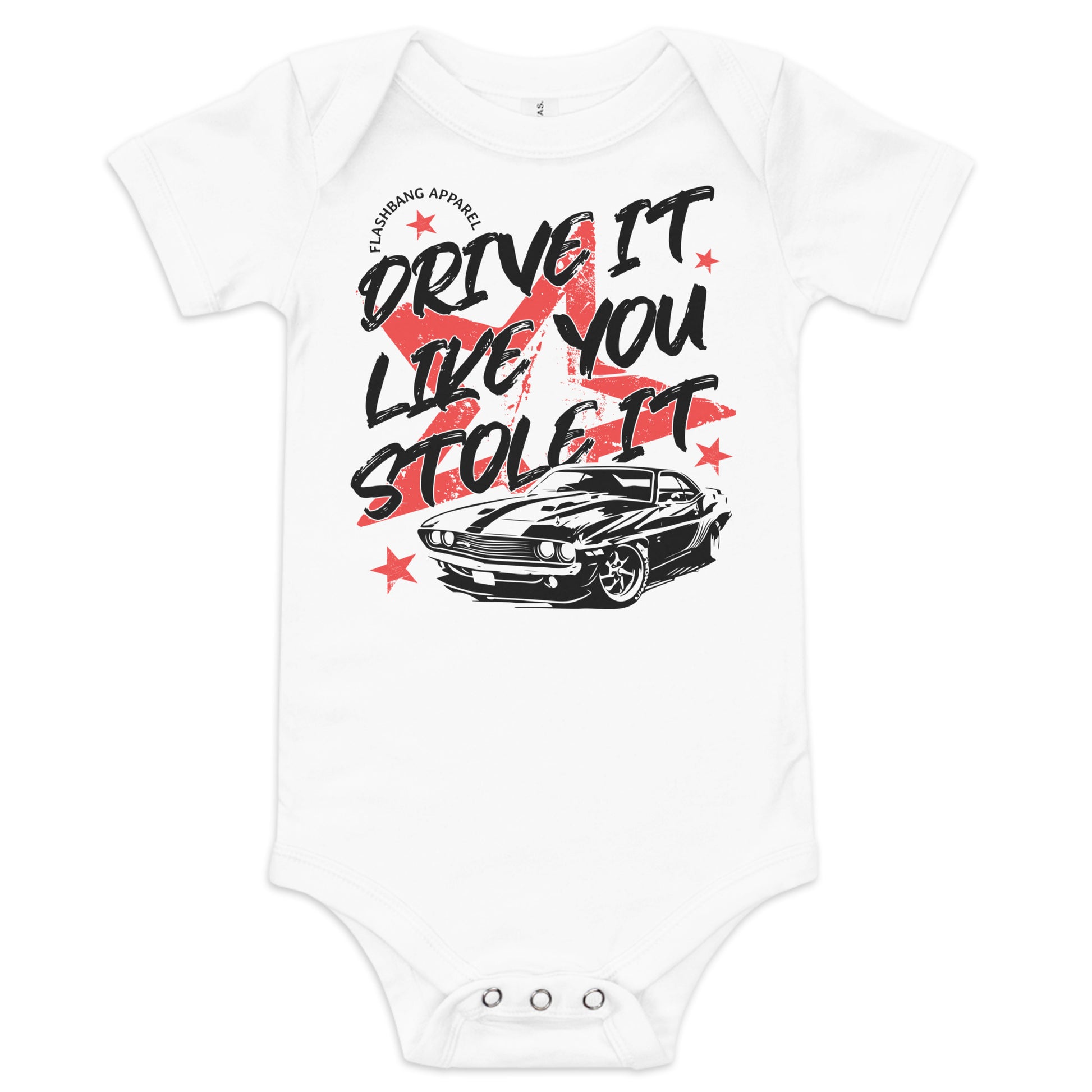 White baby onesie with black car graphic and text on a white background