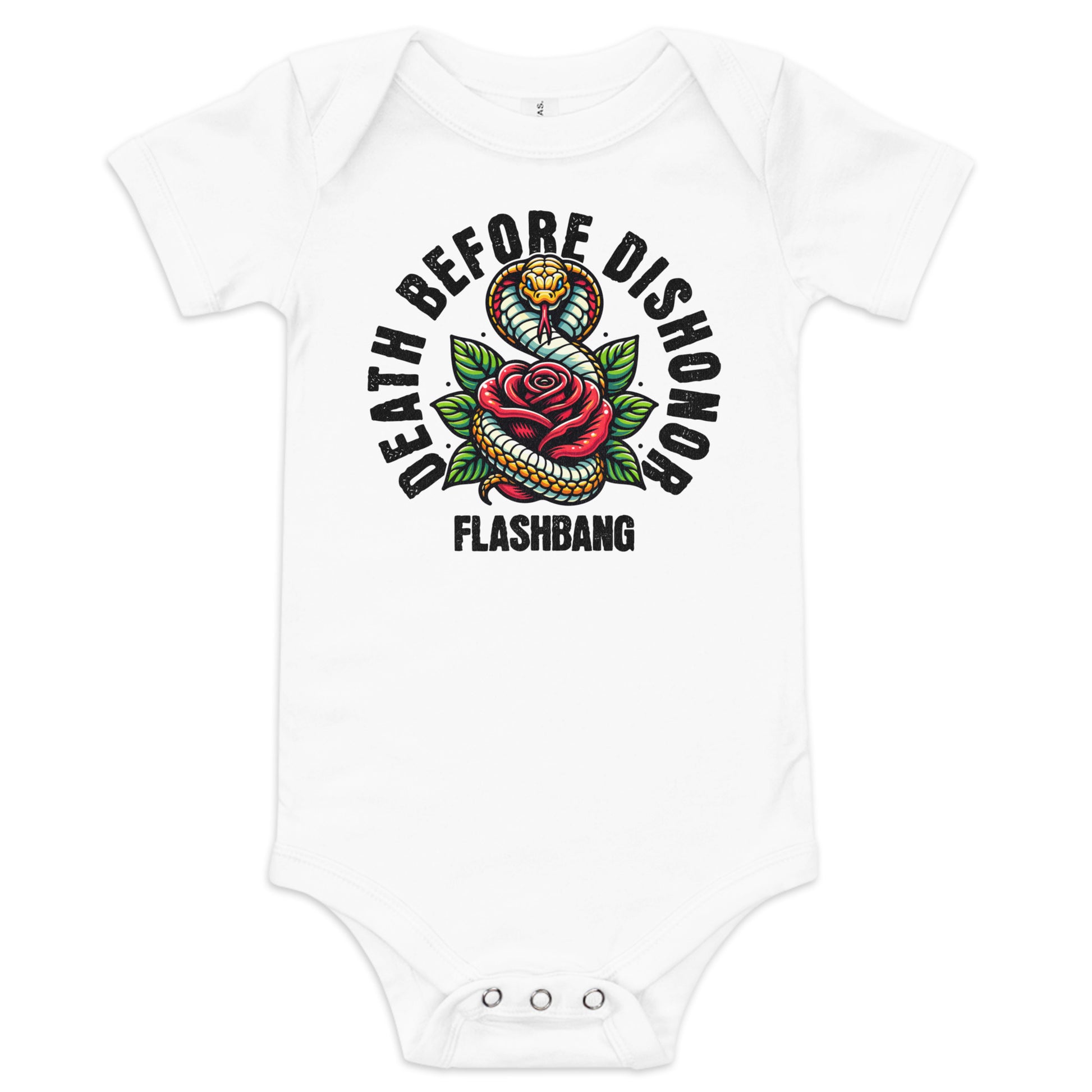 White baby onesie with snake and rose design and text on a white background