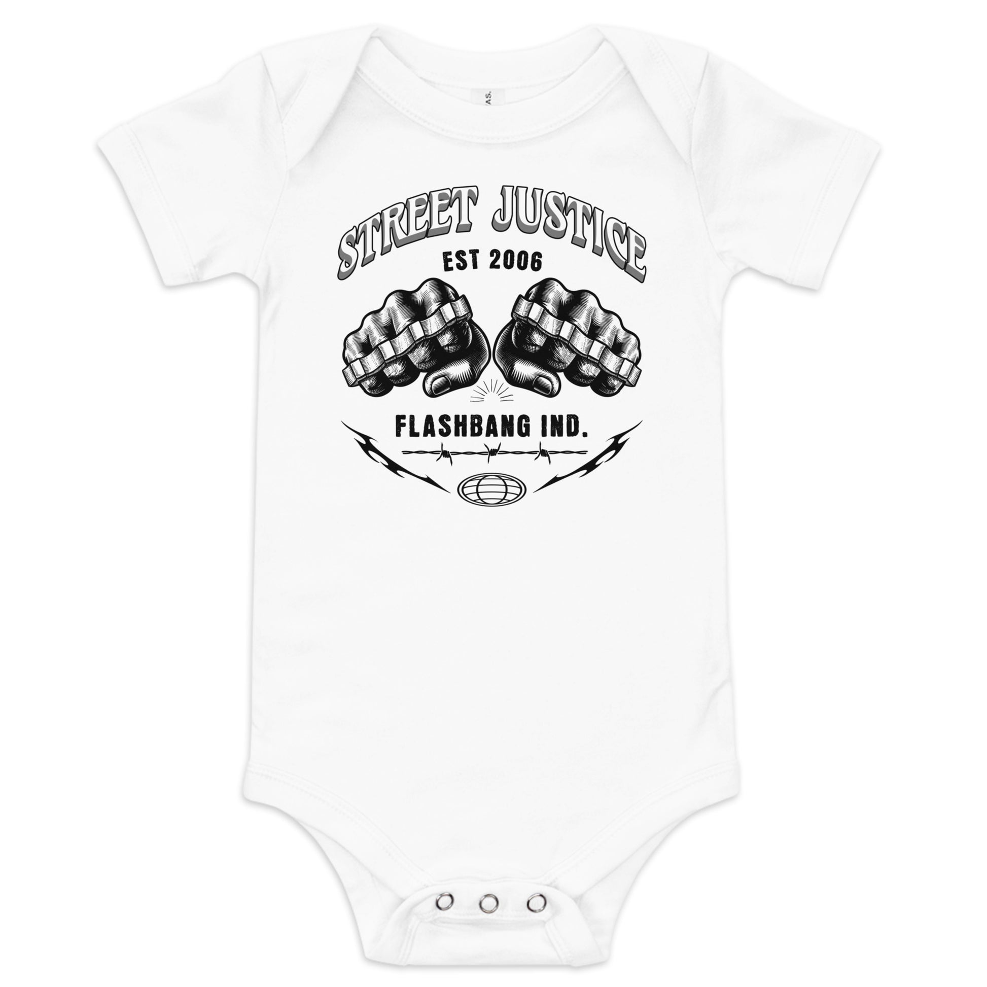 White baby onesie with black graphic design and text on a white background