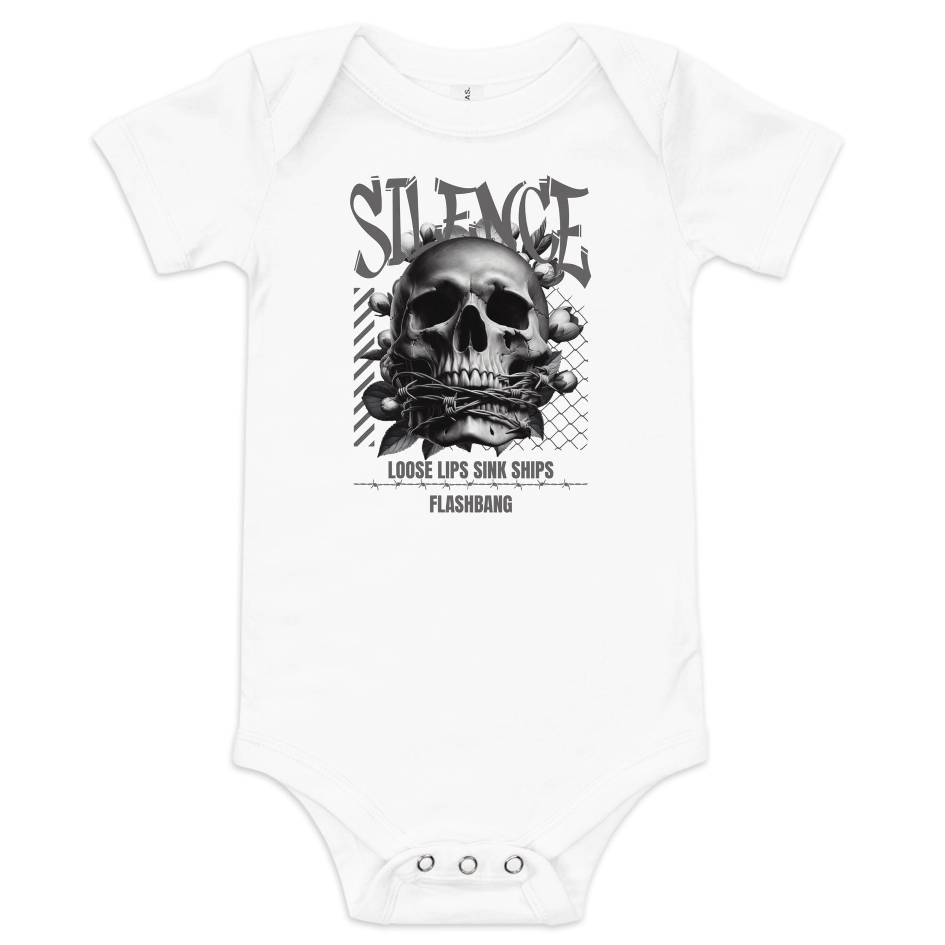 White baby onesie with a black skull design and text on a white background