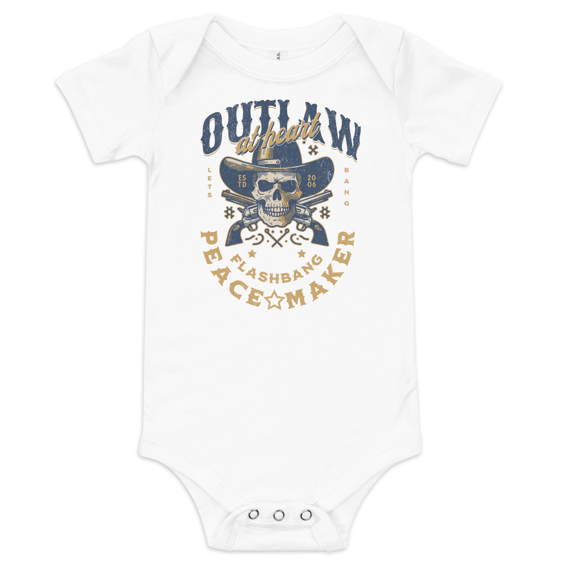 White baby onesie with a graphic design featuring a skull, hat, and text on a white background.