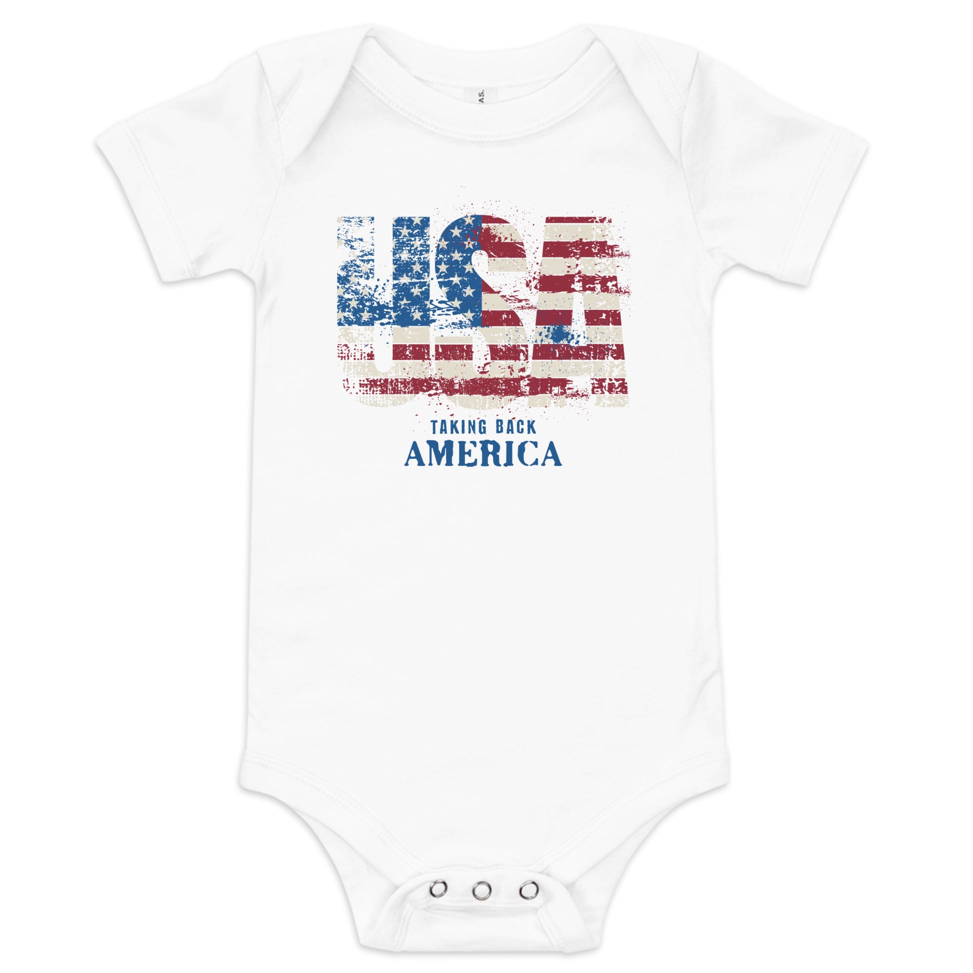 White baby onesie with American flag design and 'Taking Back America' text on a white background