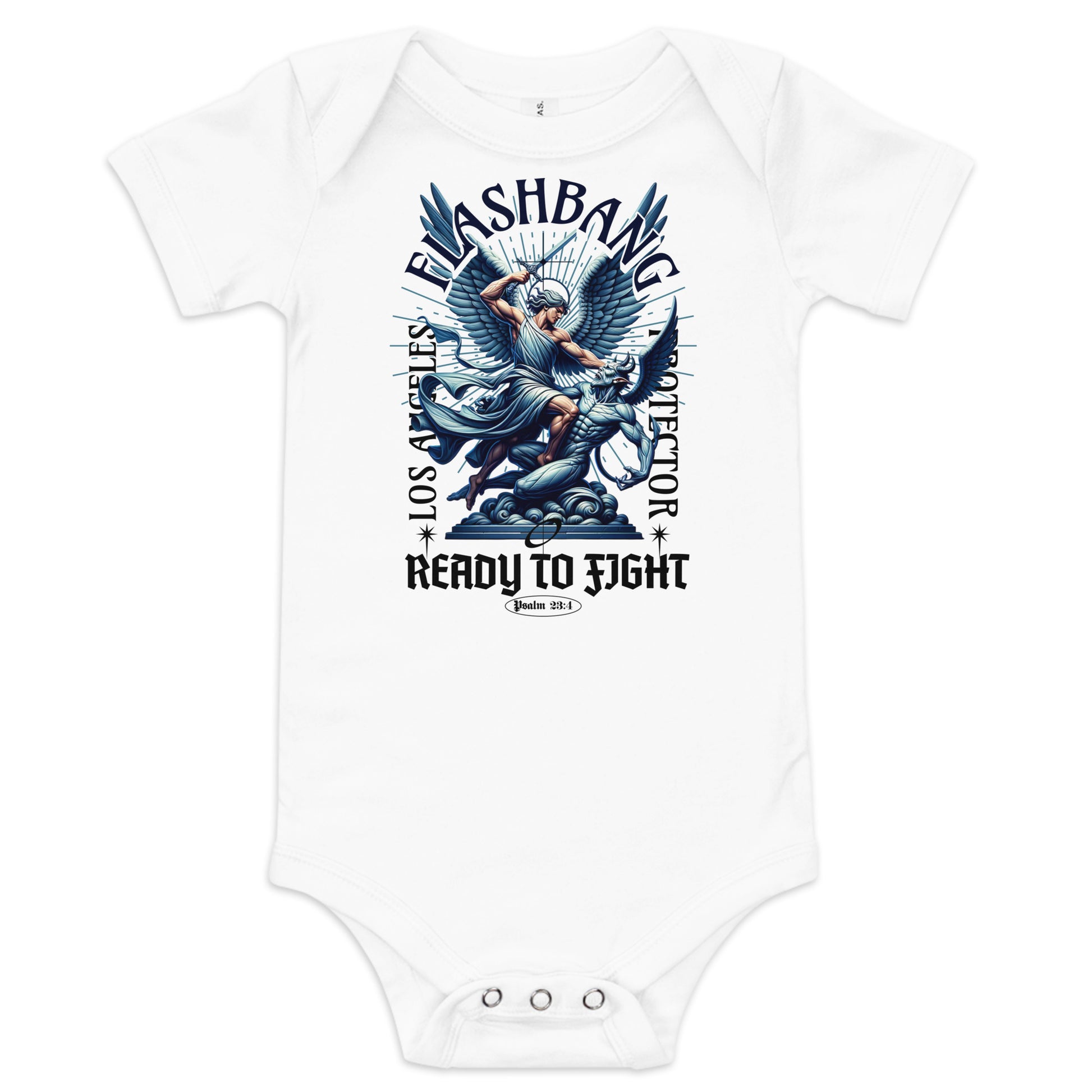 White baby onesie with graphic design and text on a white background