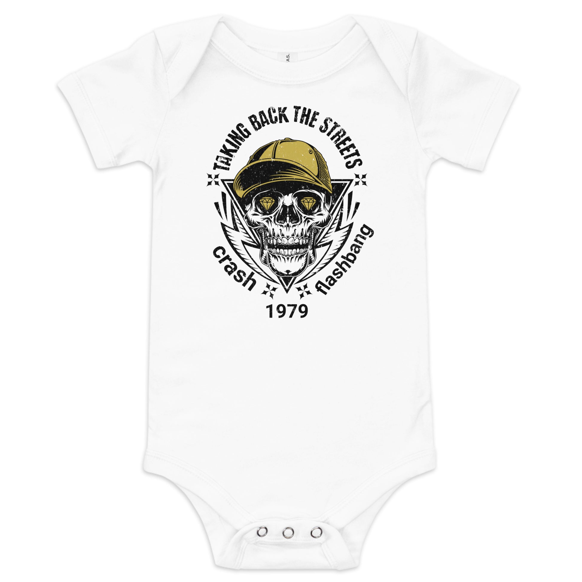 White baby onesie with skull and cap graphic design on a white background