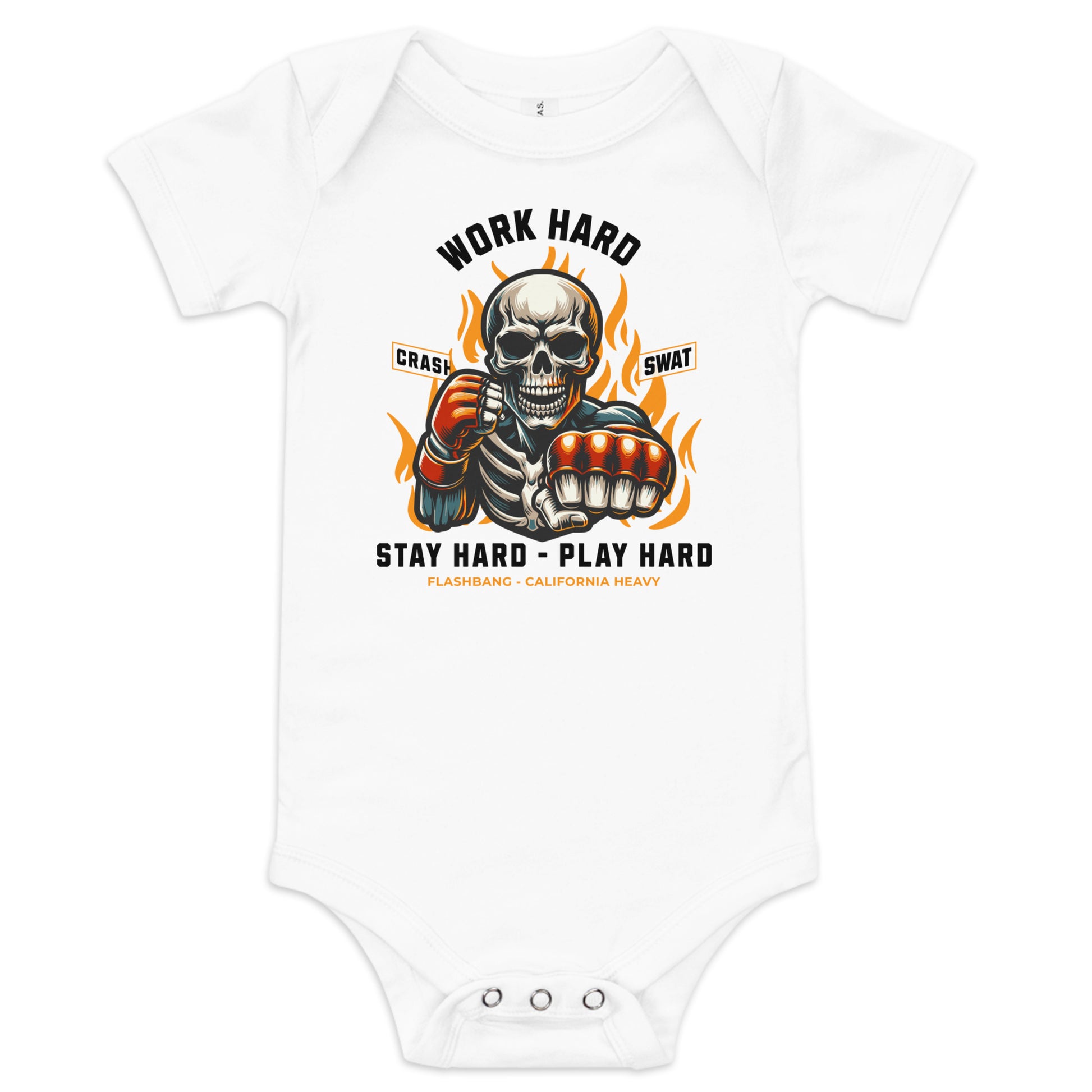 White baby onesie with a graphic design featuring a skeleton fist and skull, with text 'Work Hard', 'Stay Hard', and 'Play Hard' on a white background.