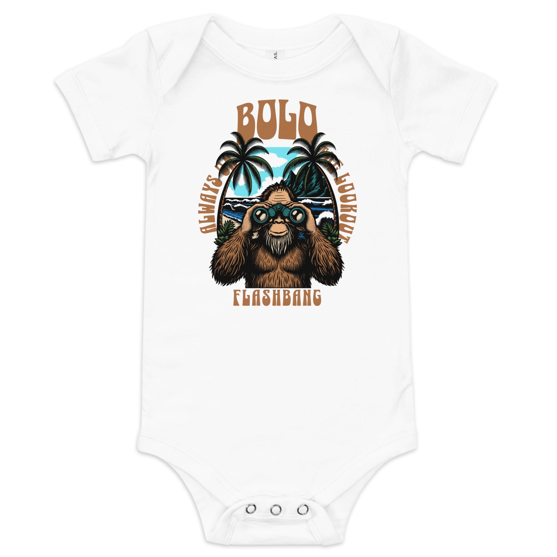 White baby onesie with a bear graphic and text on a white background