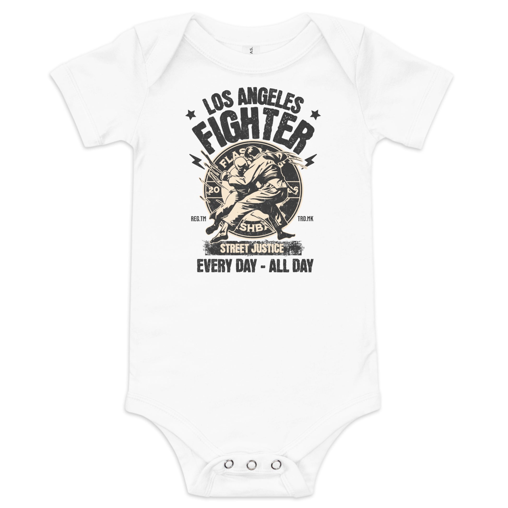 White baby onesie with 'Los Angeles Fighter' graphic design on a white background