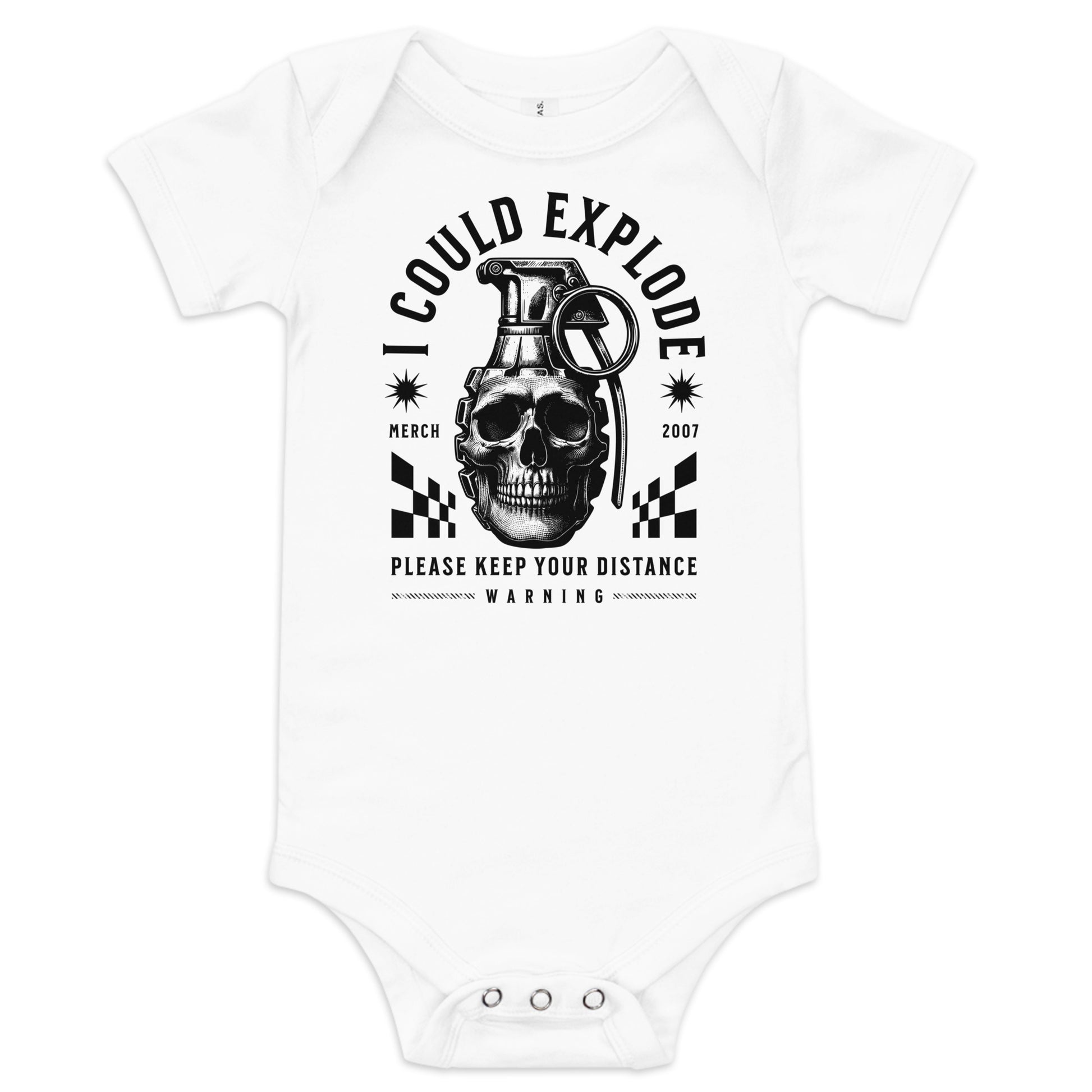 White baby onesie with a graphic design featuring a skull and grenade, text, and a warning label on a white background.