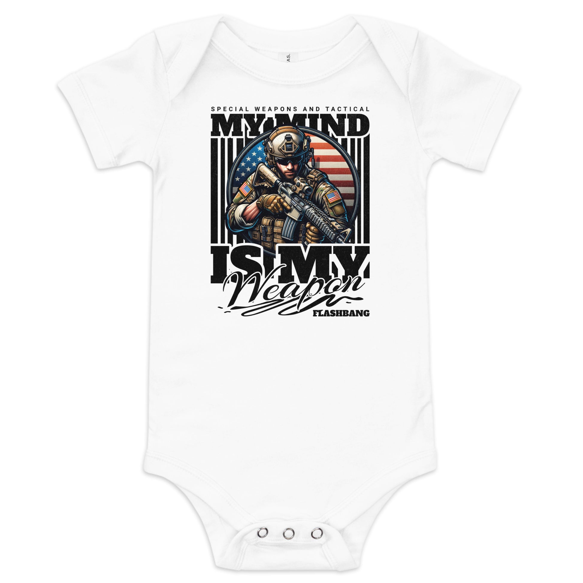 White baby onesie with graphic design featuring a soldier and text on a white background
